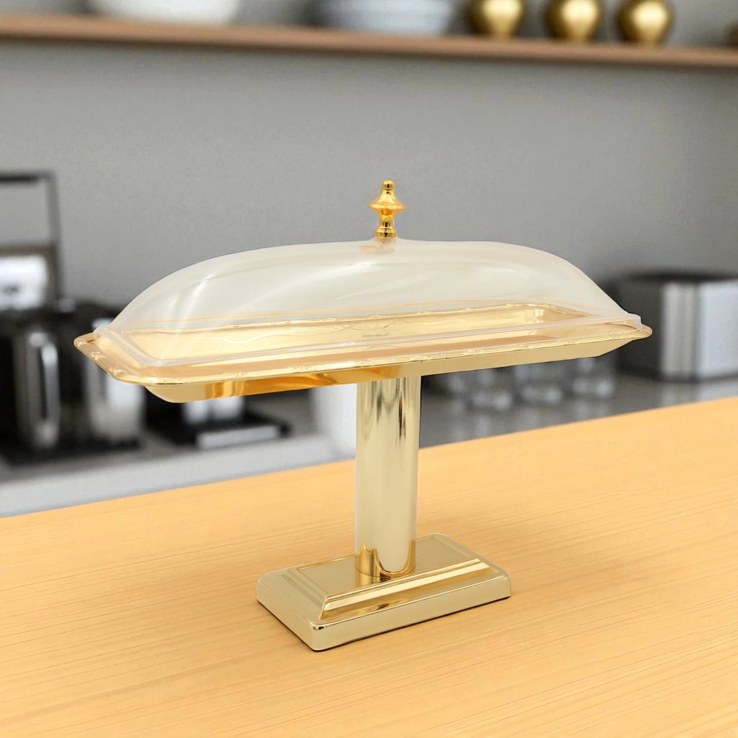 Damoo Luxury Gold-Plated Buffet Stand with Clear Dome Cover – Elegant Rectangular Food Display Tray for Events, Parties & Home Serving - Damoo