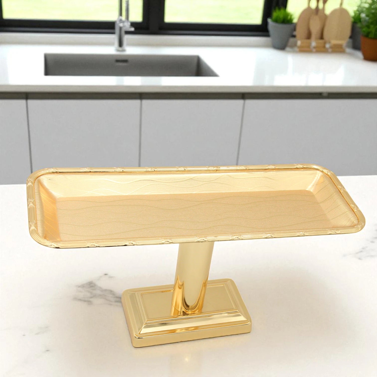 Damoo Luxury Gold-Plated Buffet Stand with Clear Dome Cover – Elegant Rectangular Food Display Tray for Events, Parties & Home Serving - Damoo