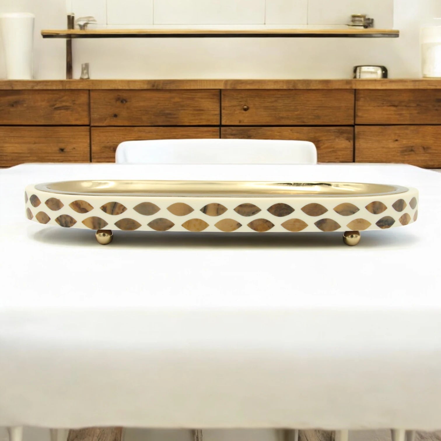 Damoo Luxury Oval Serving Tray with Gold Finish – Decorative Inlay Accent Tray for Coffee, Perfume, or Home Décor – Elegant Display Tray with Raised Feet - Damoo