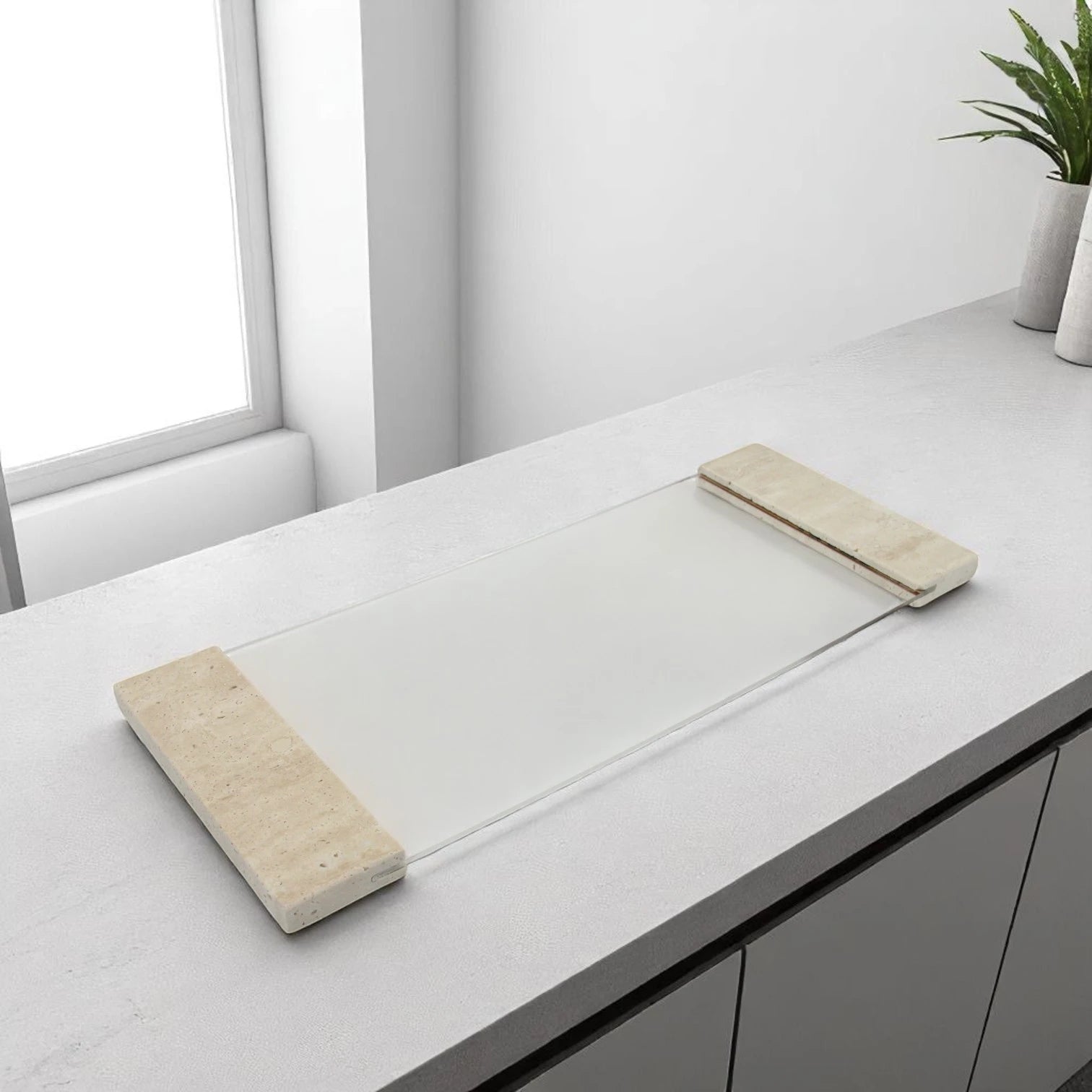 Damoo Luxury Rectangular Serving Tray with Natural Travertine Stone Handles and Clear Acrylic Base – Modern Decorative Display Tray for Coffee Table, Kitchen, Bathroom, Vanity, Office Desk, or Events - Damoo