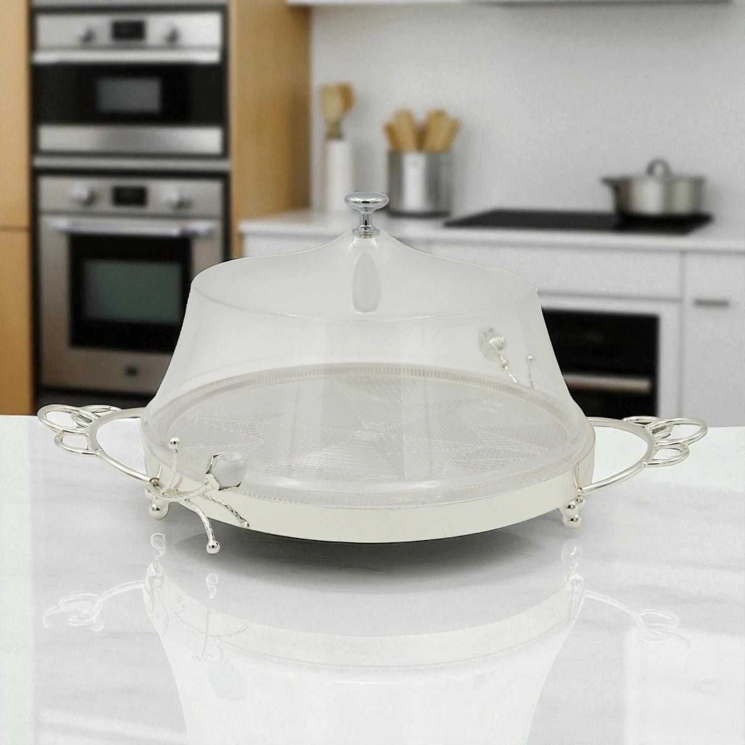 Damoo Luxury Silver Tray with Clear Dome Cover – Round Decorative Serving Stand for Cakes, Sweets, and Pastries – Elegant Floral Handle Design for Events, Ramadan, and Home Entertaining - Damoo