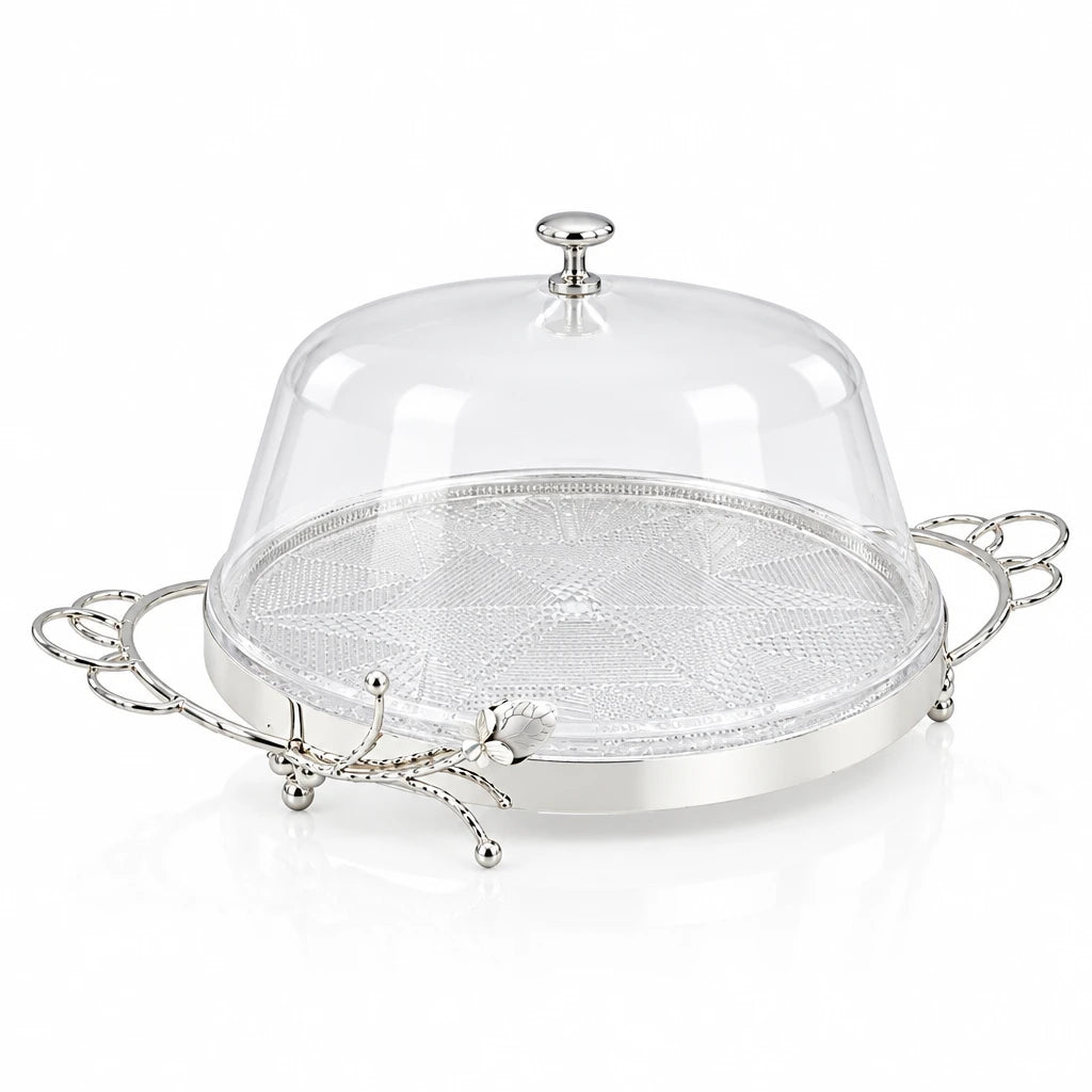Damoo Luxury Silver Tray with Clear Dome Cover – Round Decorative Serving Stand for Cakes, Sweets, and Pastries – Elegant Floral Handle Design for Events, Ramadan, and Home Entertaining - Damoo
