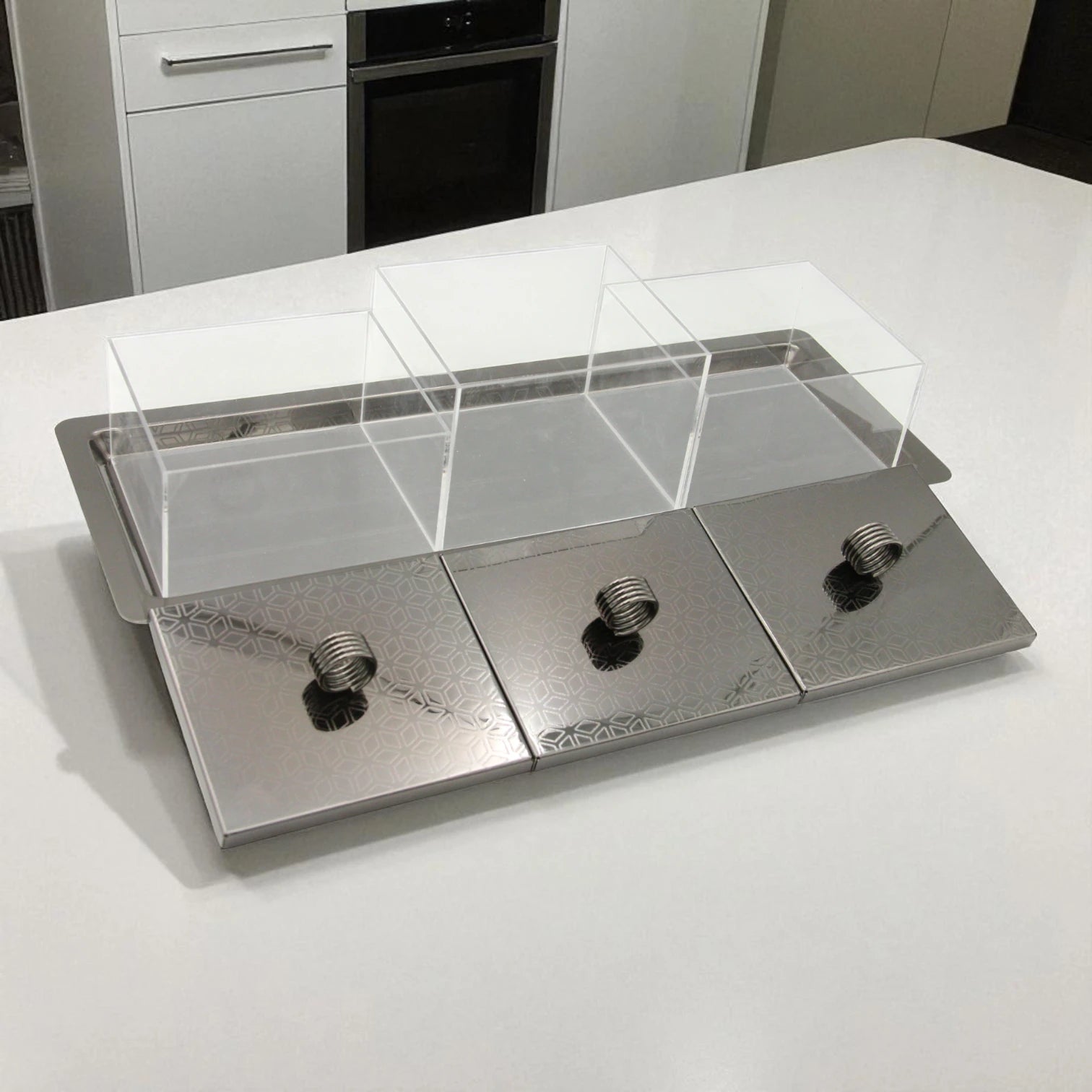 Damoo Modern Acrylic & Metal Serving Box Set – 3-Piece Date, Candy & Nut Containers with Silver Lids & Tray for Coffee Table or Hosting Display - Damoo