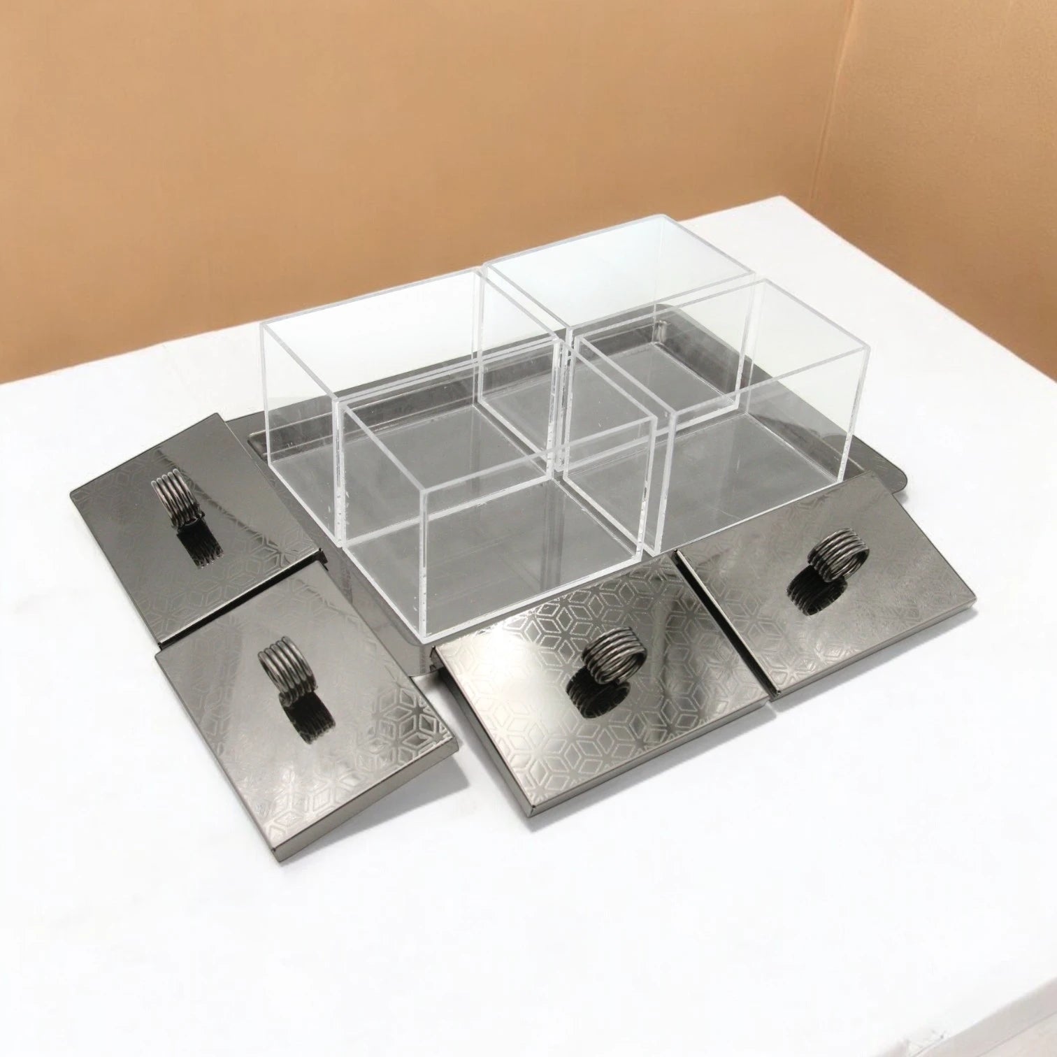 Damoo Modern Black Metal & Acrylic Serving Tray – 4-Compartment Organizer with Lidded Containers for Dates, Snacks & Condiments – Elegant Display Box for Ramadan, Events & Home Décor - Damoo