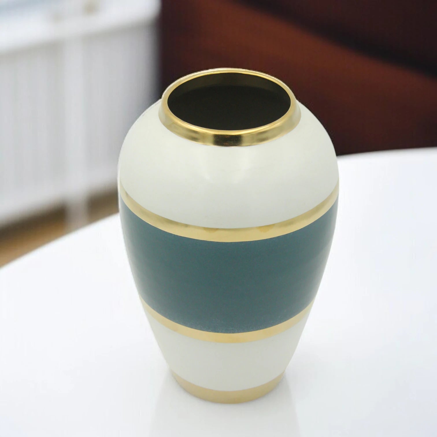 Damoo Modern Elegant Ceramic Flower Vase with Teal, White & Gold Bands – Handmade Decorative Pot for Living Room, Dining Table, Office or Gift - Damoo
