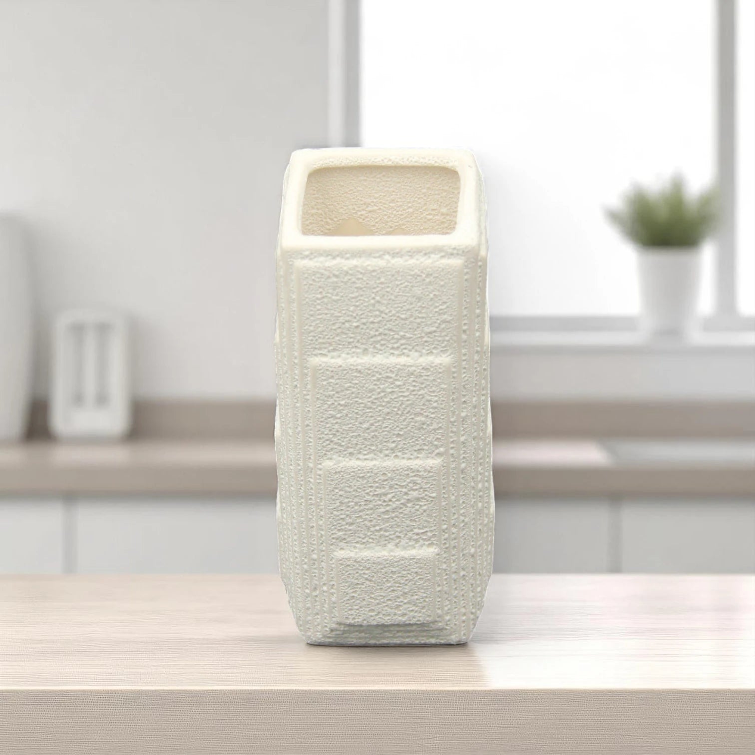 Damoo Modern Geometric Textured Ceramic Vase – Tall Rectangular Flower Vase for Home & Office Decor - Damoo