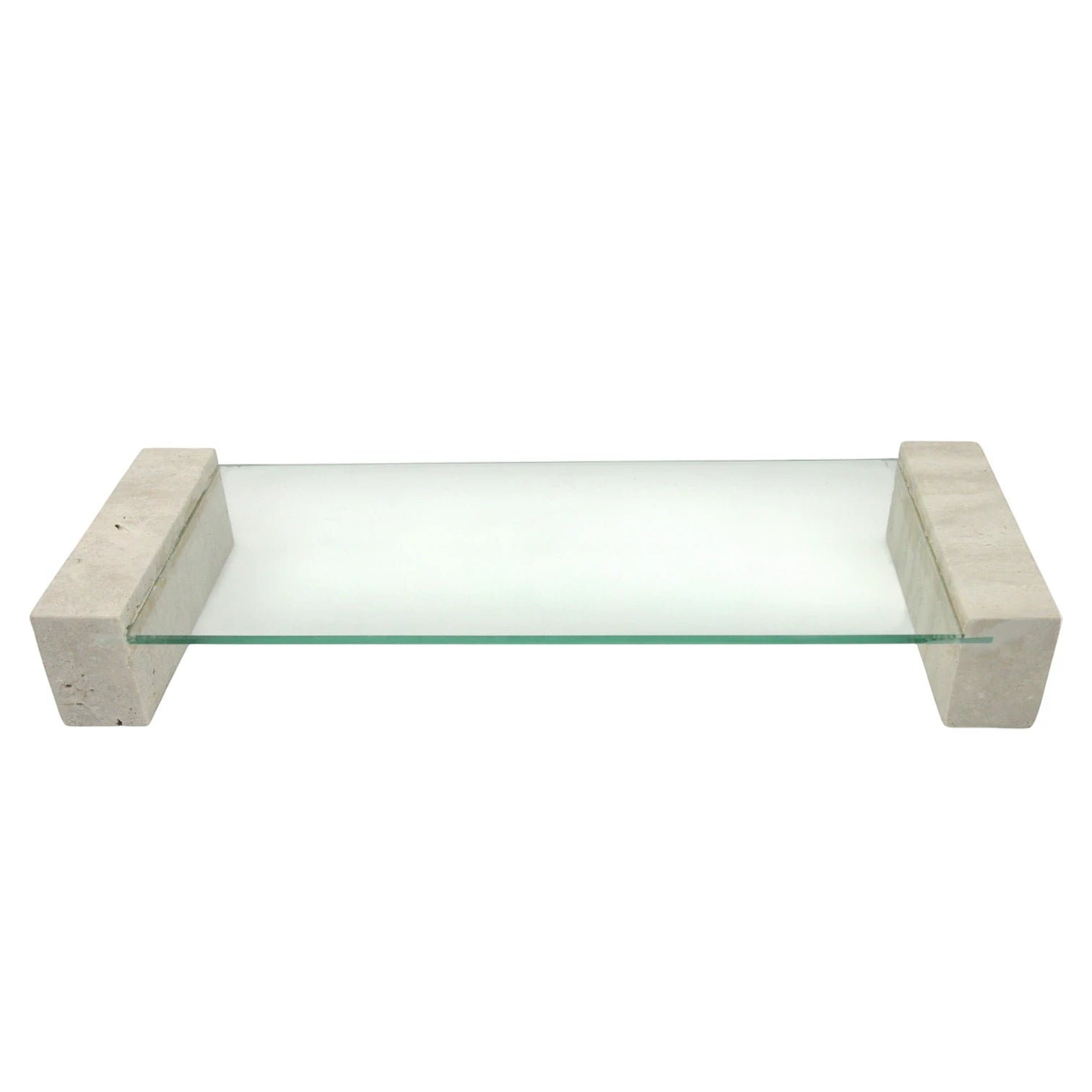 Damoo Modern Glass Shelf with Natural Stone Ends | Minimalist Floating Display Rack for Home, Office, or Bathroom – Elegant Tempered Glass & Travertine Accent Shelf for Décor, Books, and More - Damoo
