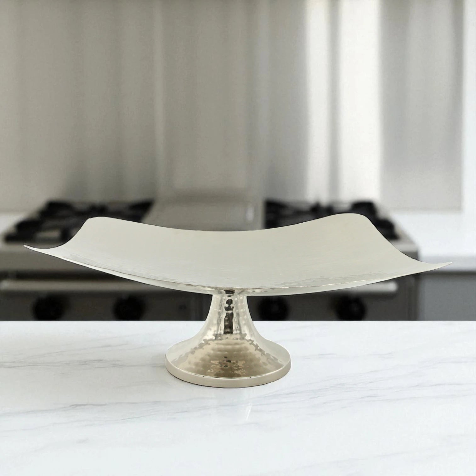 Damoo Modern Hammered Metal Square Plate on Pedestal – Elegant Decorative Centerpiece Bowl for Dining Table, Buffet, or Home Décor - Damoo