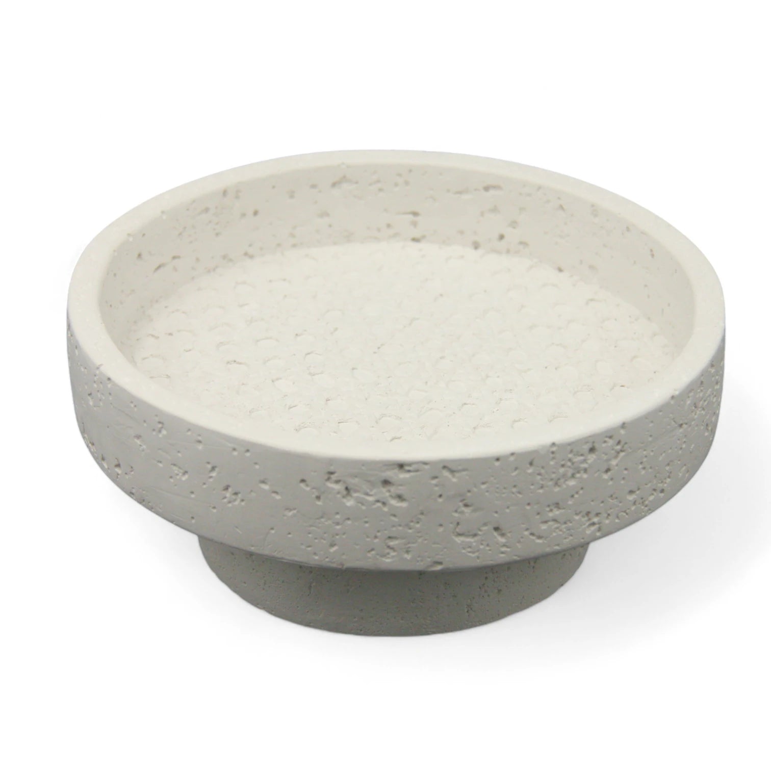 Damoo Modern Minimalist Low-Profile Stone Bowl – Wide Textured Pedestal Dish in White Concrete-Look for Home Decor, Entryway Tray, or Shelf Accent - Damoo