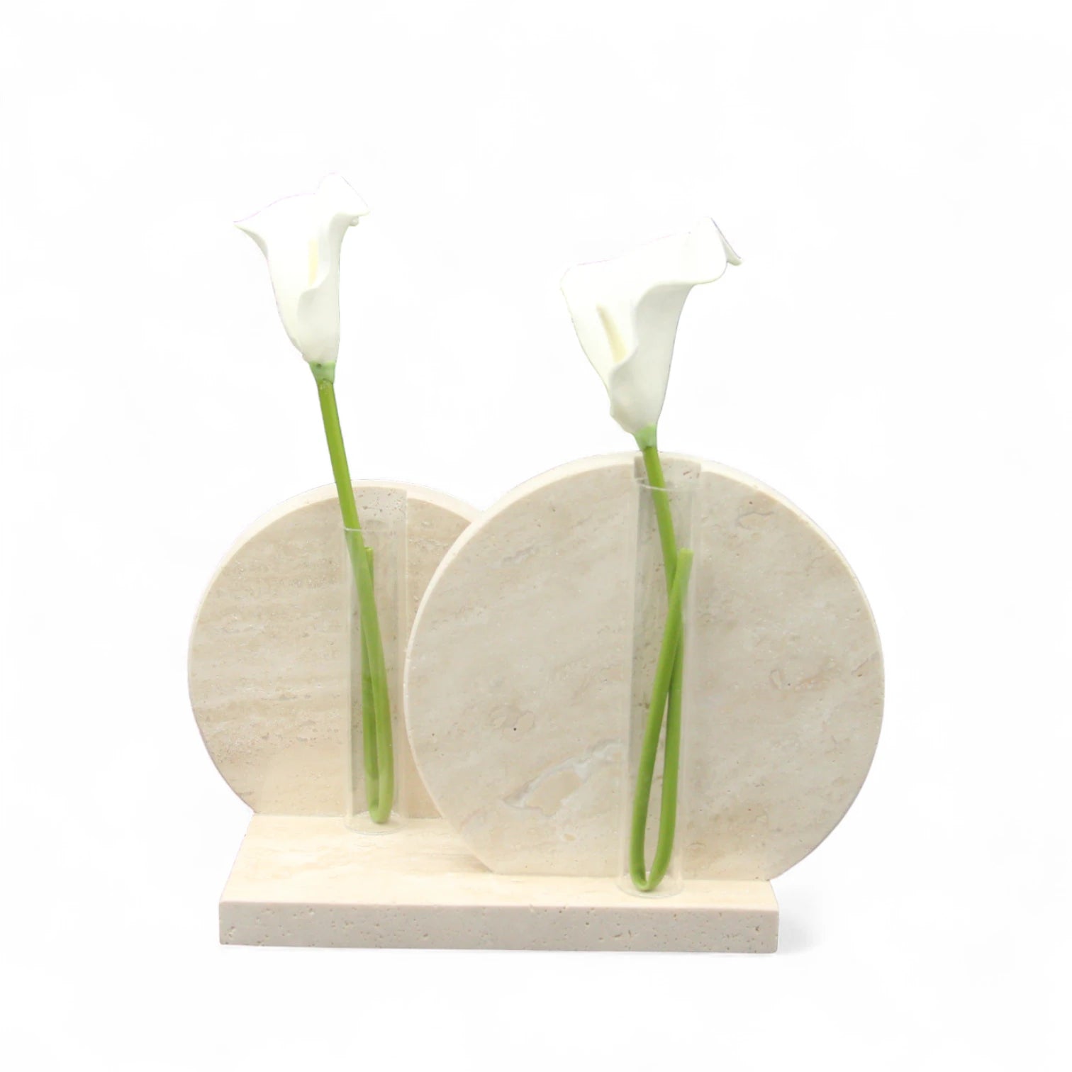 Damoo Modern Minimalist Travertine Stone Flower Vase Duo – Twin Round Circle Vases with Glass Tubes for Elegant Tabletop or Shelf Decor - Damoo