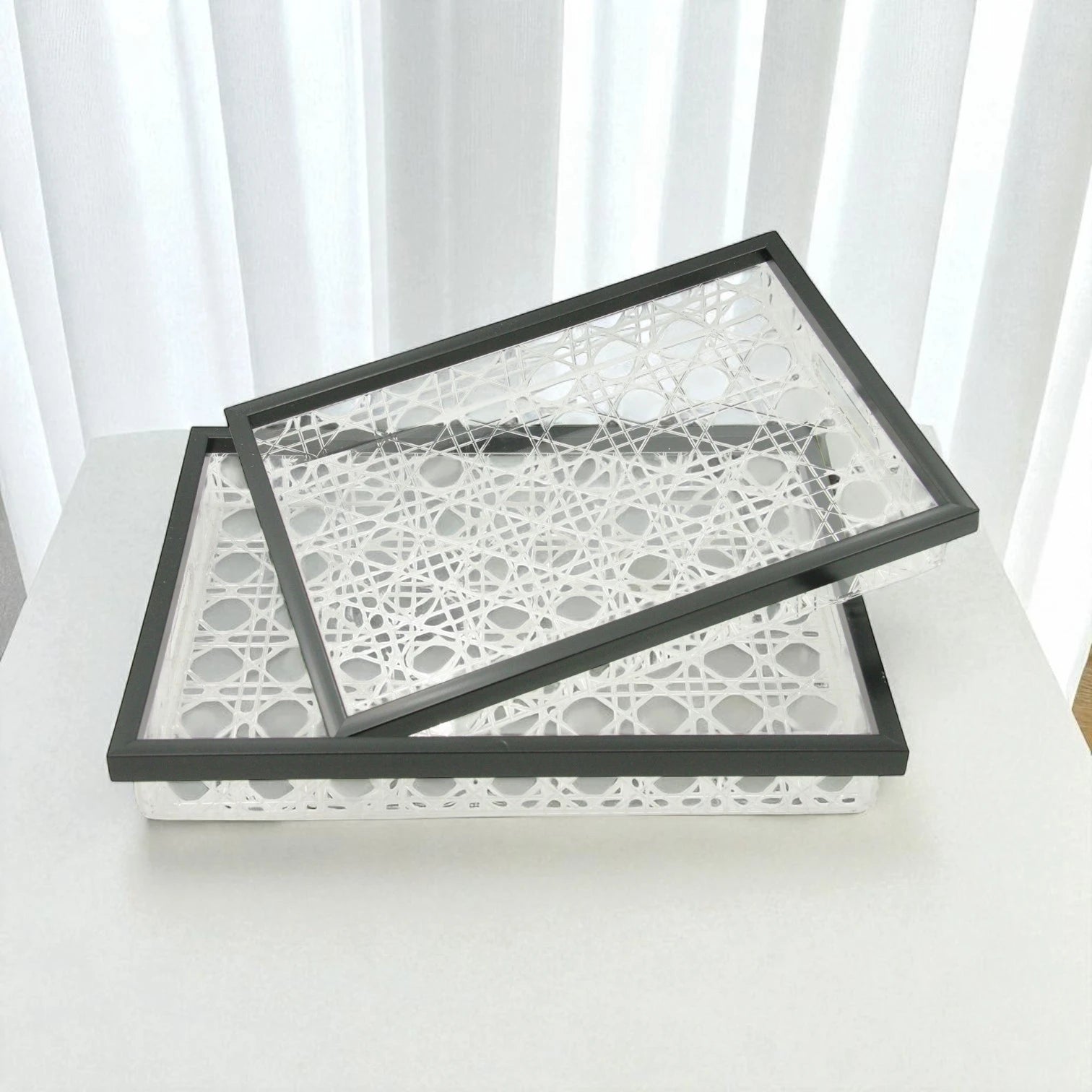 Damoo Modern Rectangular Acrylic Tray Set – 2-Piece Serving Trays with Black Frame & Rattan-Style Pattern – Elegant Home Décor & Organizer Trays for Coffee Table, Kitchen, Vanity & More - Damoo