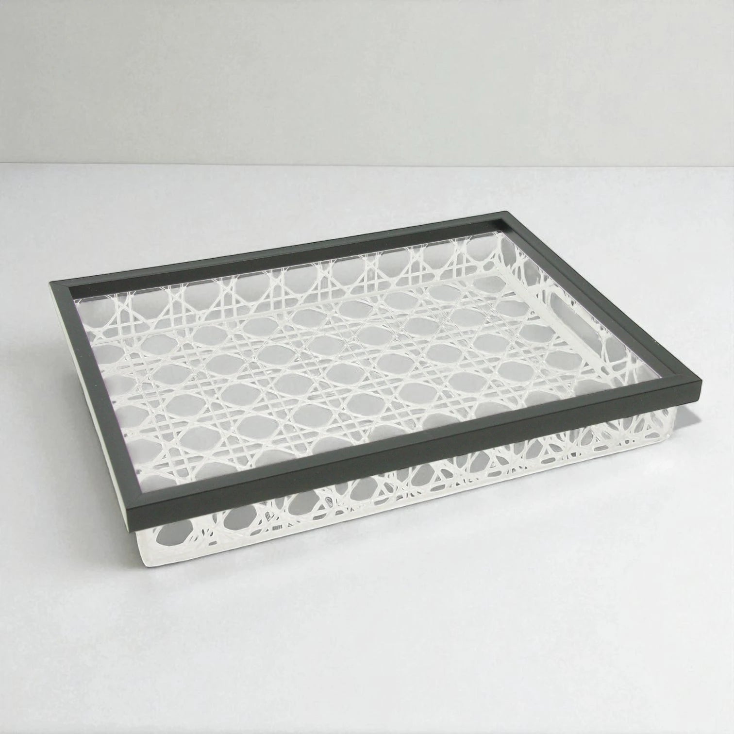 Damoo Modern Rectangular Acrylic Tray Set – 2-Piece Serving Trays with Black Frame & Rattan-Style Pattern – Elegant Home Décor & Organizer Trays for Coffee Table, Kitchen, Vanity & More - Damoo