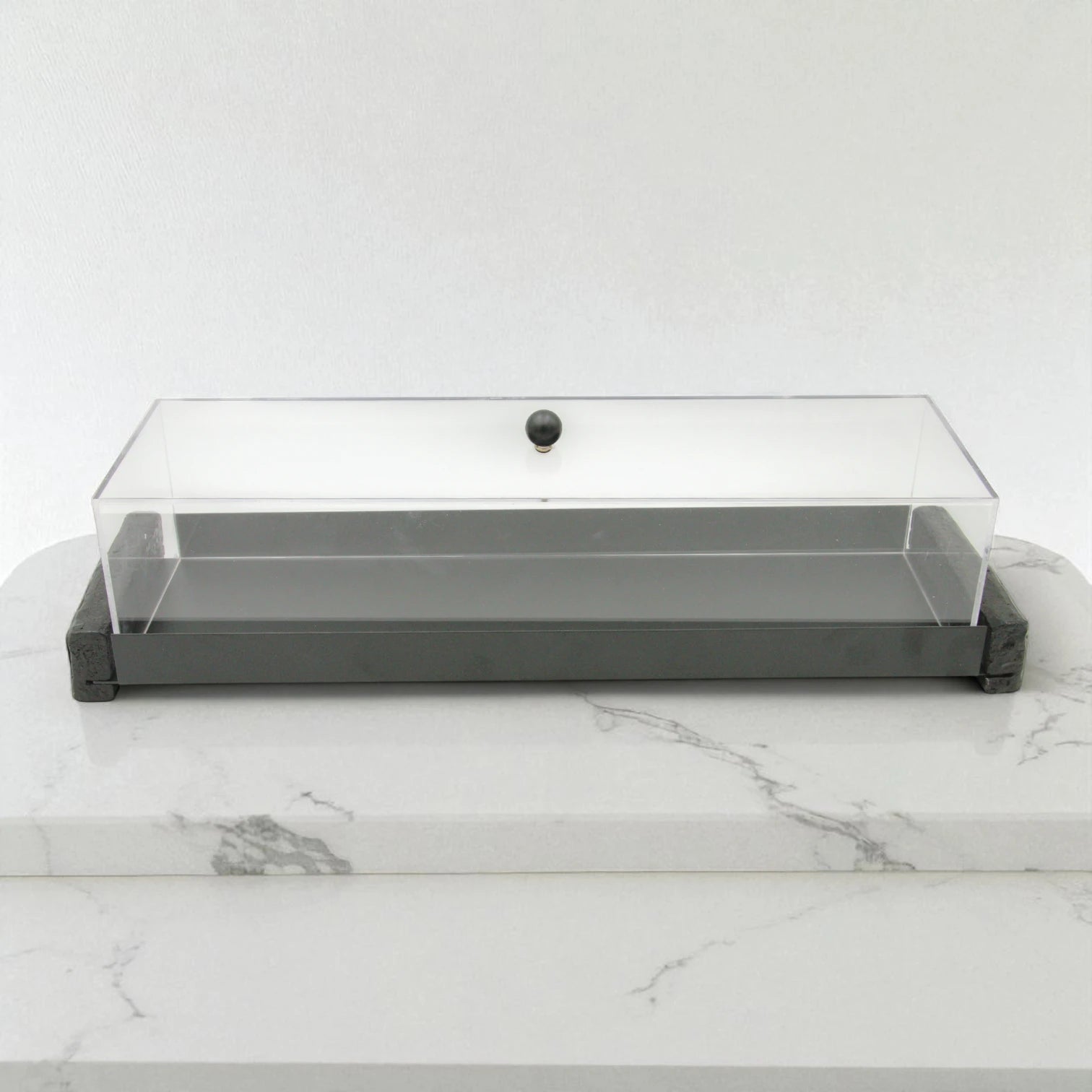 Damoo Modern Rectangular Display Tray with Clear Acrylic Lid – Elegant Minimalist Serving Stand with White Base and Terrazzo Ends - Damoo