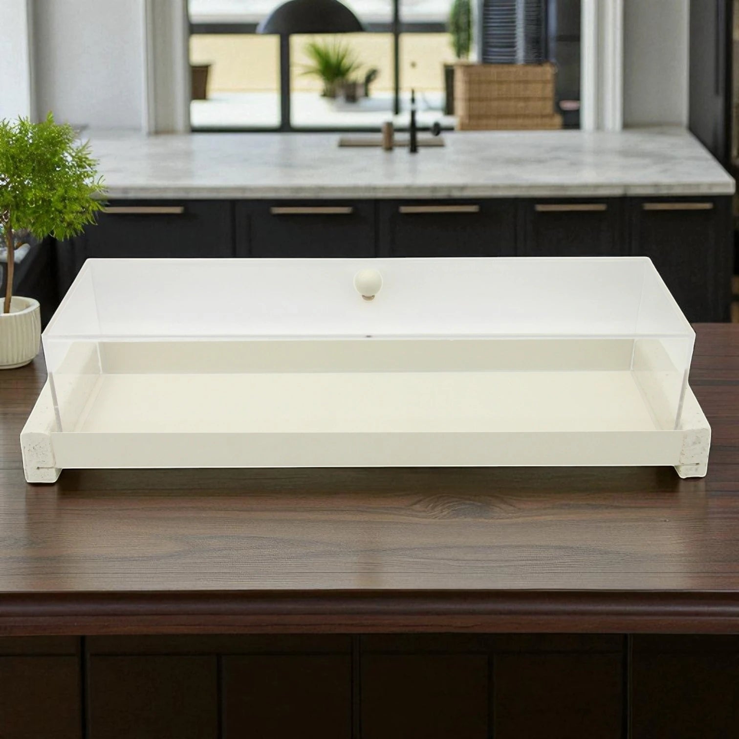 Damoo Modern Rectangular Display Tray with Clear Acrylic Lid – Elegant Minimalist Serving Stand with White Base and Terrazzo Ends - Damoo