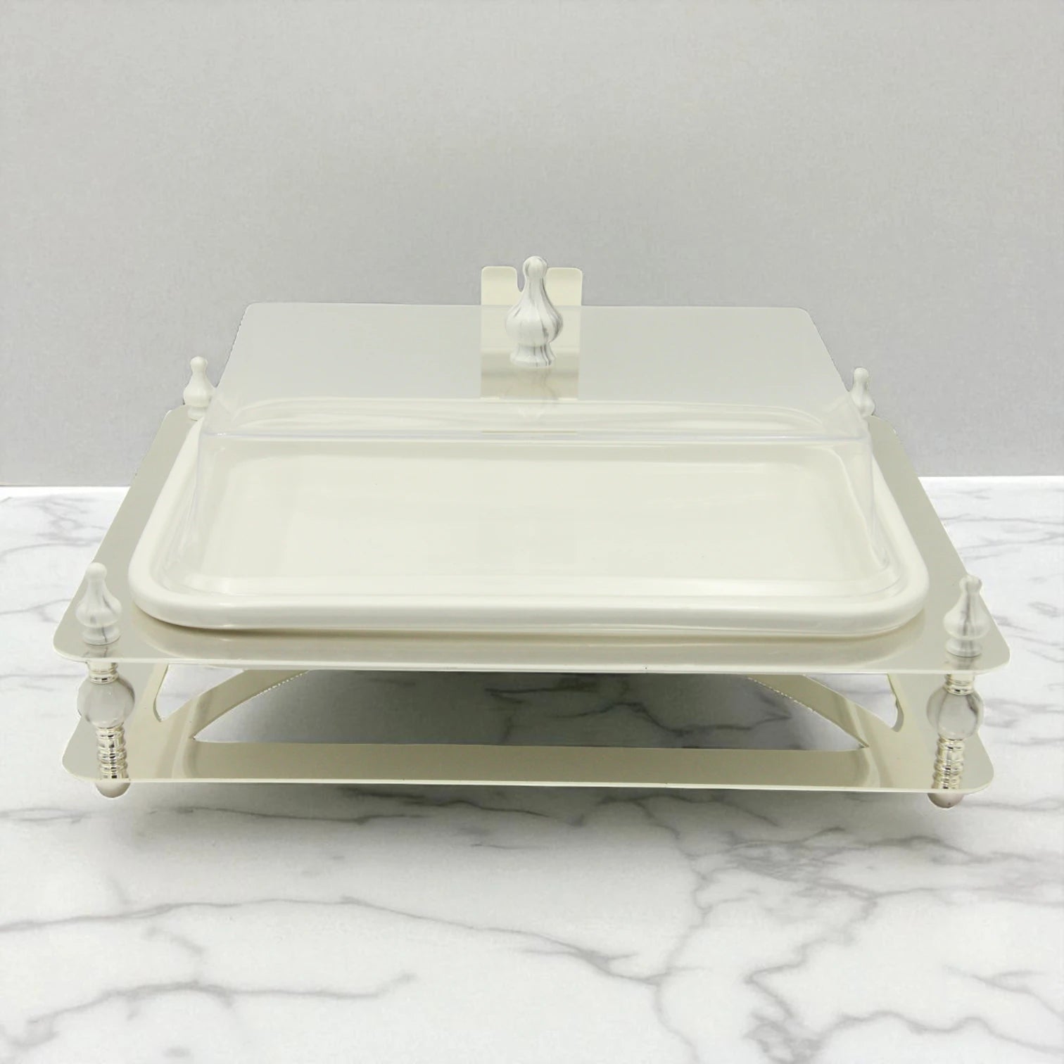 Damoo Modern Rectangular Sweet Tray with Lid – Silver Decorative Base & Clear Cover for Serving Sweets, Dates, Pastries & Desserts - Damoo