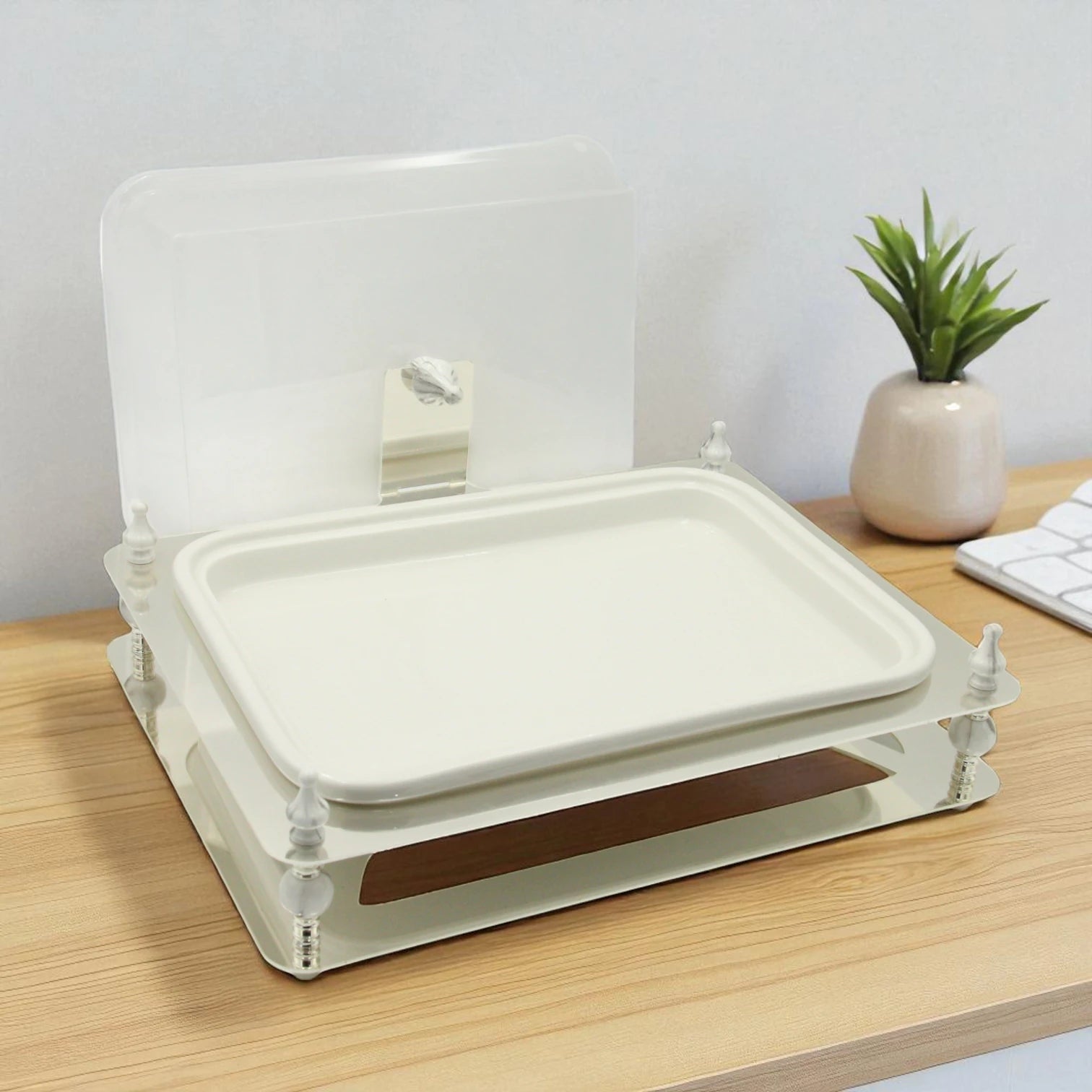 Damoo Modern Rectangular Sweet Tray with Lid – Silver Decorative Base & Clear Cover for Serving Sweets, Dates, Pastries & Desserts - Damoo