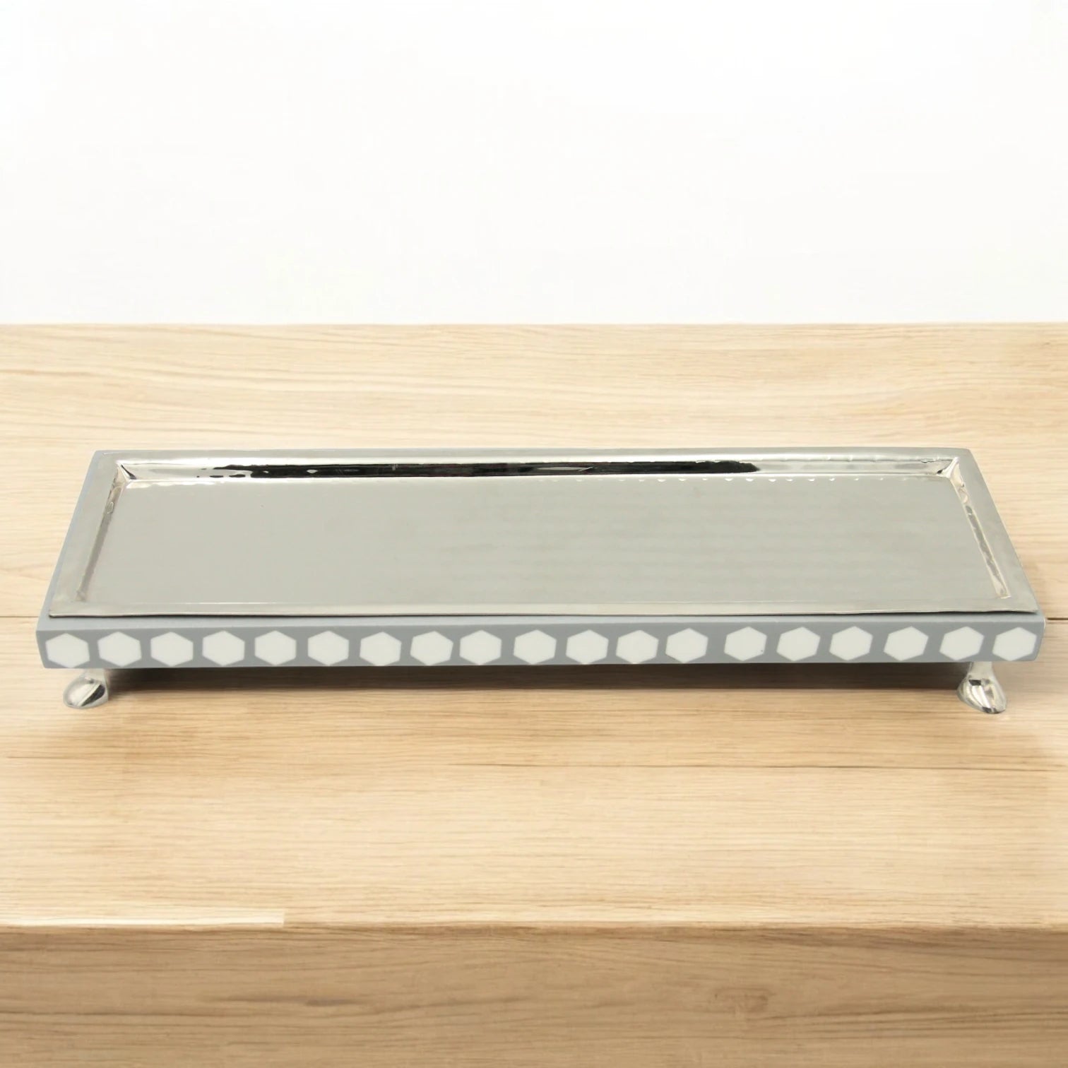 Damoo Modern Rectangular Wooden Tray with Silver Finish & Hexagon Inlay – Decorative Serving Display Tray on Feet - Damoo