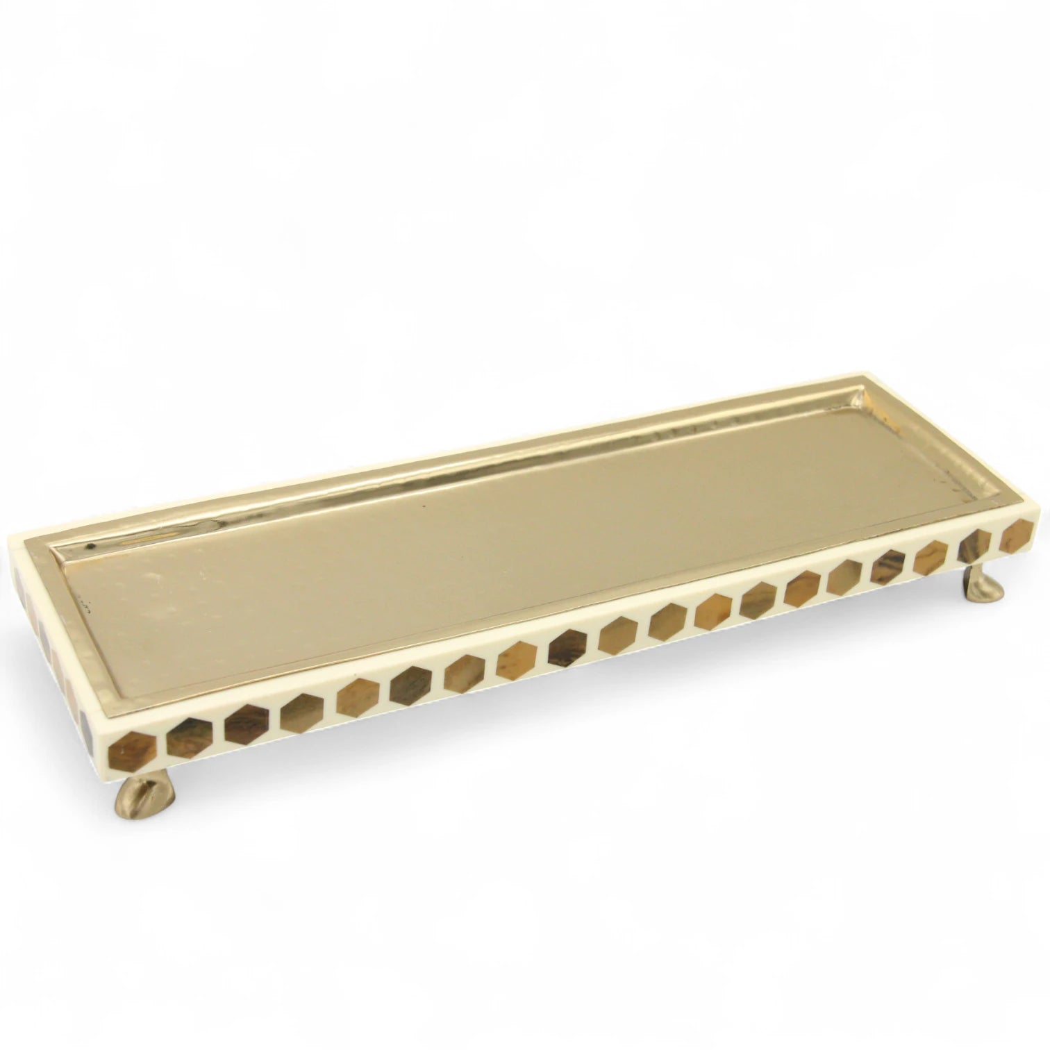 Damoo Modern Rectangular Wooden Tray with Silver Finish & Hexagon Inlay – Decorative Serving Display Tray on Feet - Damoo