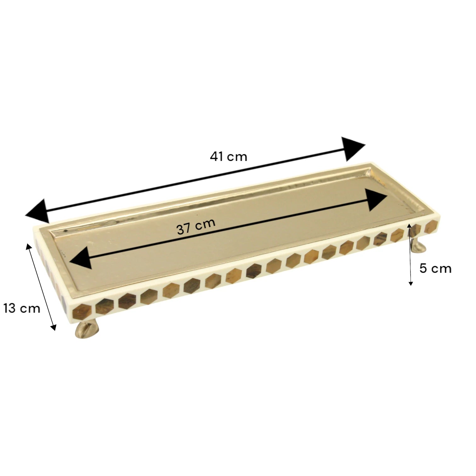 Damoo Modern Rectangular Wooden Tray with Silver Finish & Hexagon Inlay – Decorative Serving Display Tray on Feet - Damoo