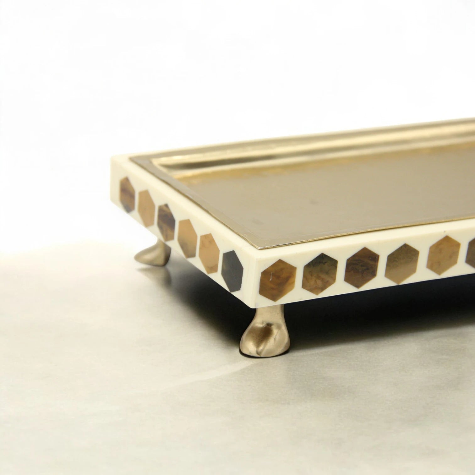 Damoo Modern Rectangular Wooden Tray with Silver Finish & Hexagon Inlay – Decorative Serving Display Tray on Feet - Damoo
