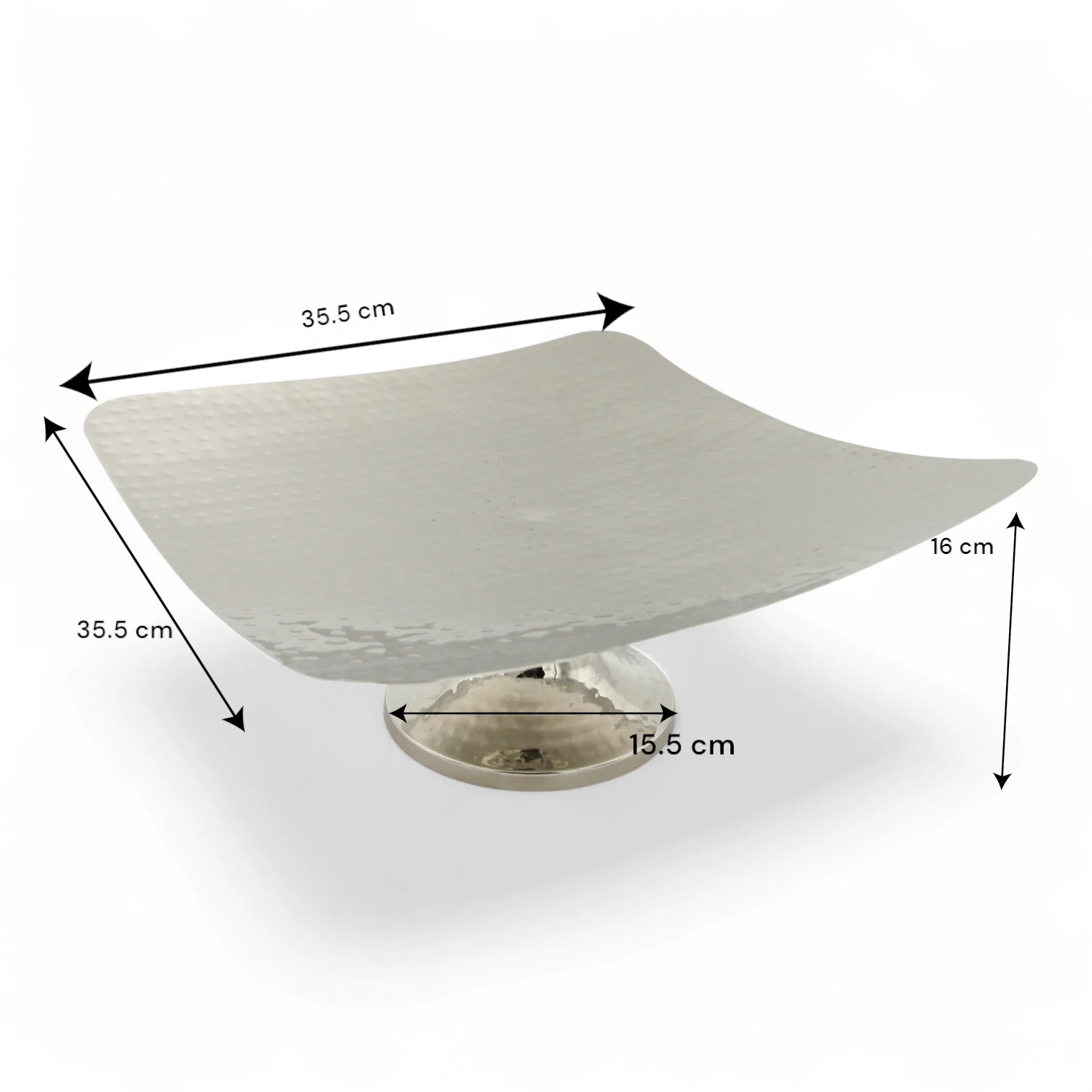Damoo Modern Square Metal Pedestal Plate – Elevated Silver Display Stand for Sweets, Fruits, or Centerpieces – Hammered Finish Serving Dish - Damoo