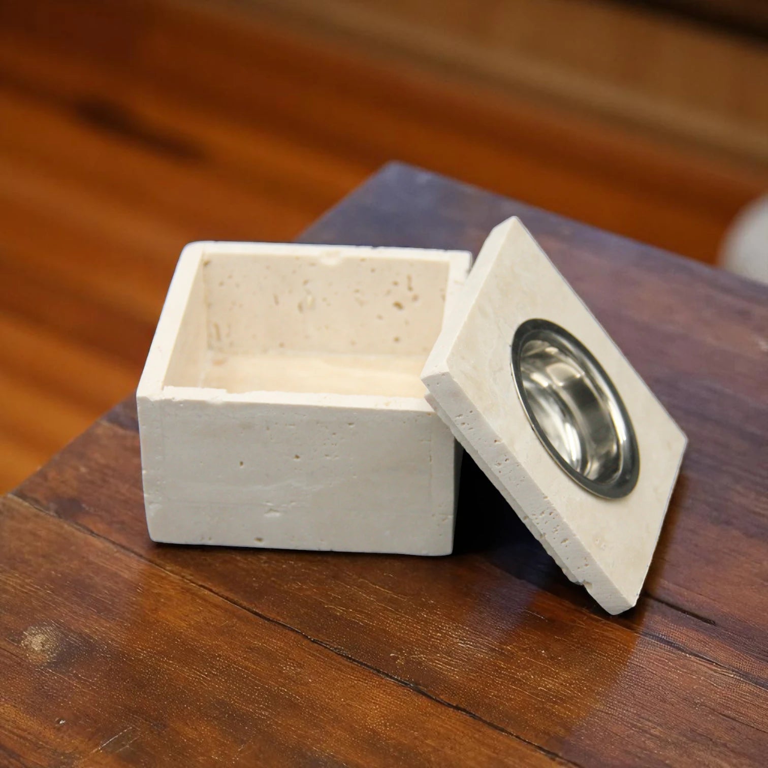 Damoo Modern Travertine Marble Incense Burner – Minimalist Cube with Stainless Steel Chamber for Bakhoor & Incense - Damoo