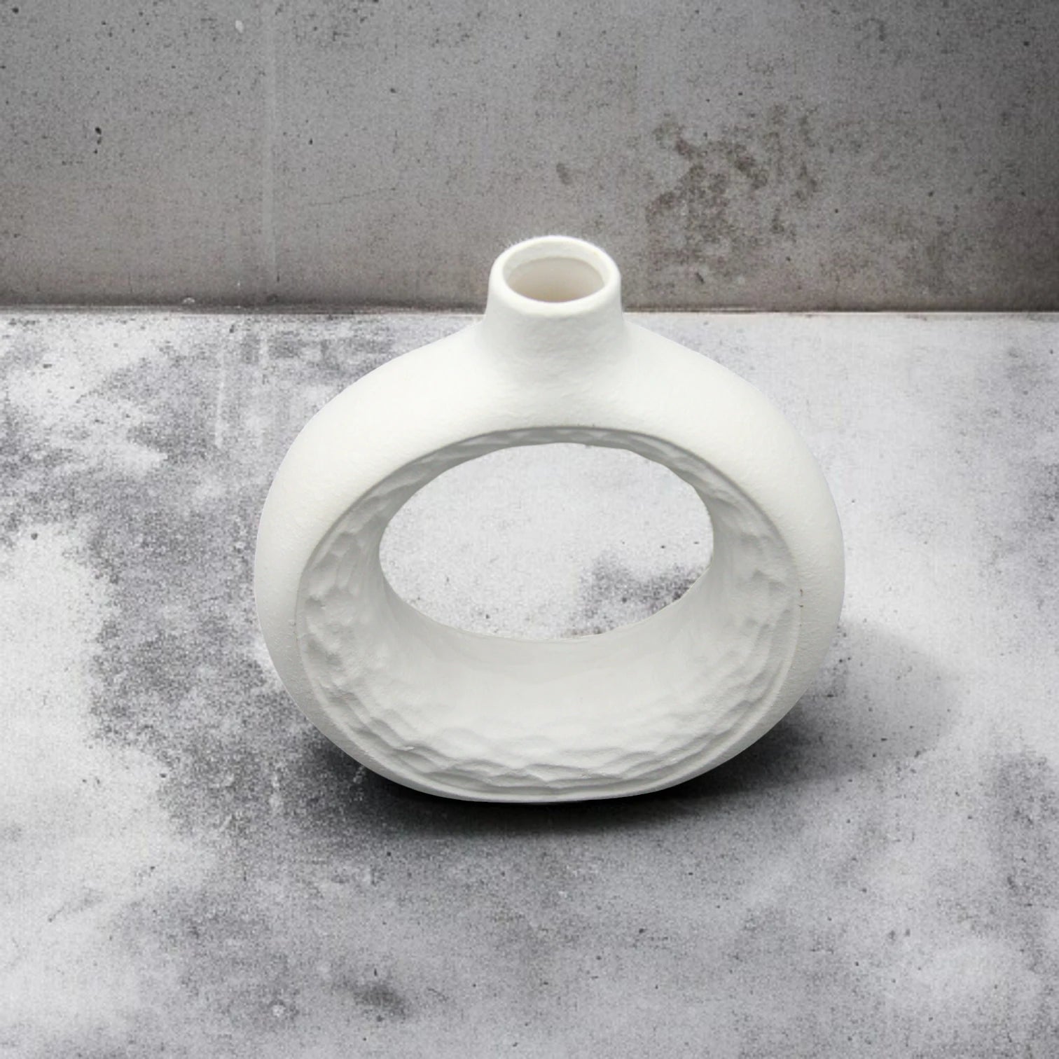 Damoo Modern White Ceramic Ring Vase – Sculptural Hollow Circle Design | Textured Decorative Flower Vase for Home, Office & Event Styling - Damoo