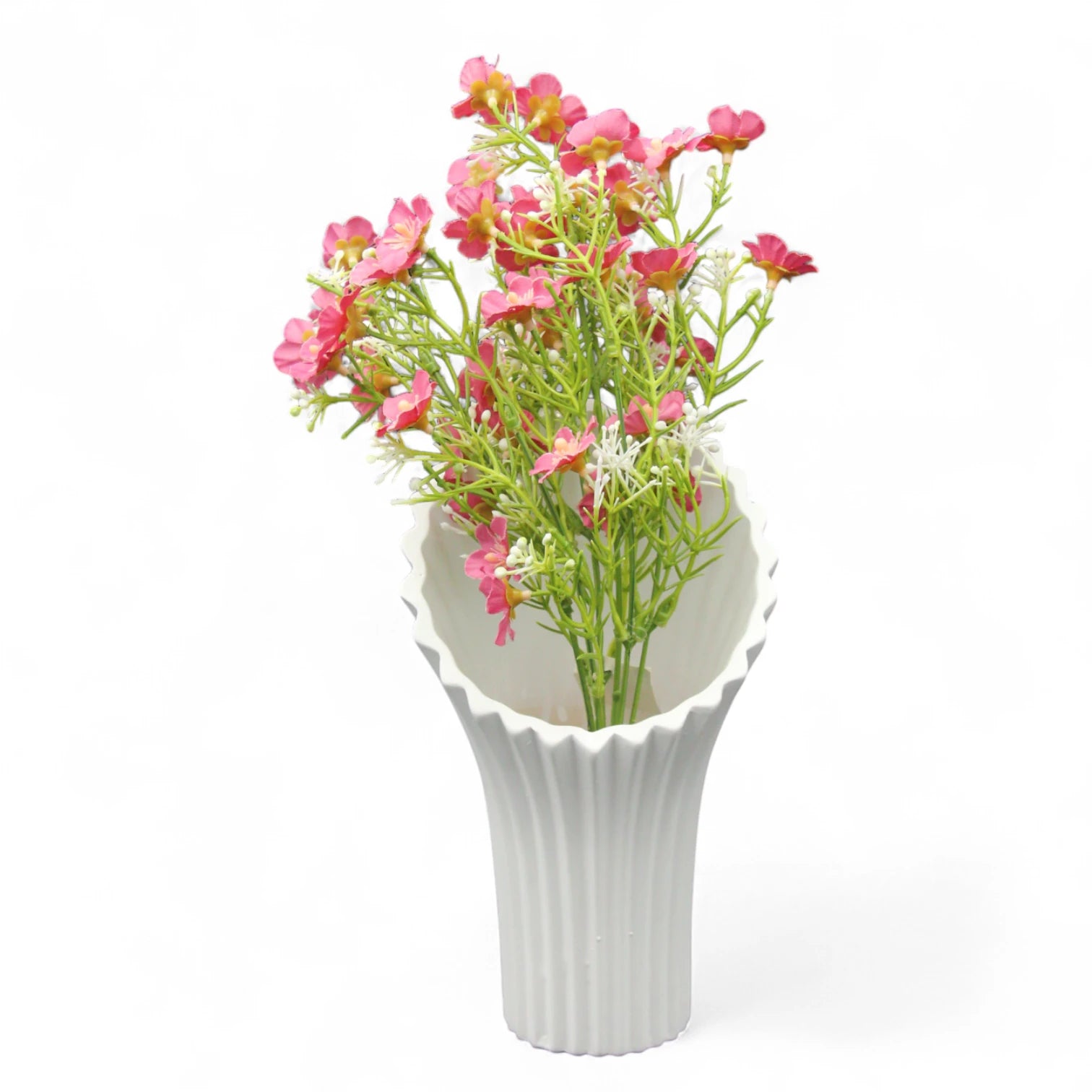 Damoo Modern White Ceramic Vase with Fluted Wavy Design – Minimalist Decorative Flower Vase for Living Room, Office, Dining Table & Home Décor – Elegant Matte Finish – Ideal for Faux or Fresh Flowers - Damoo