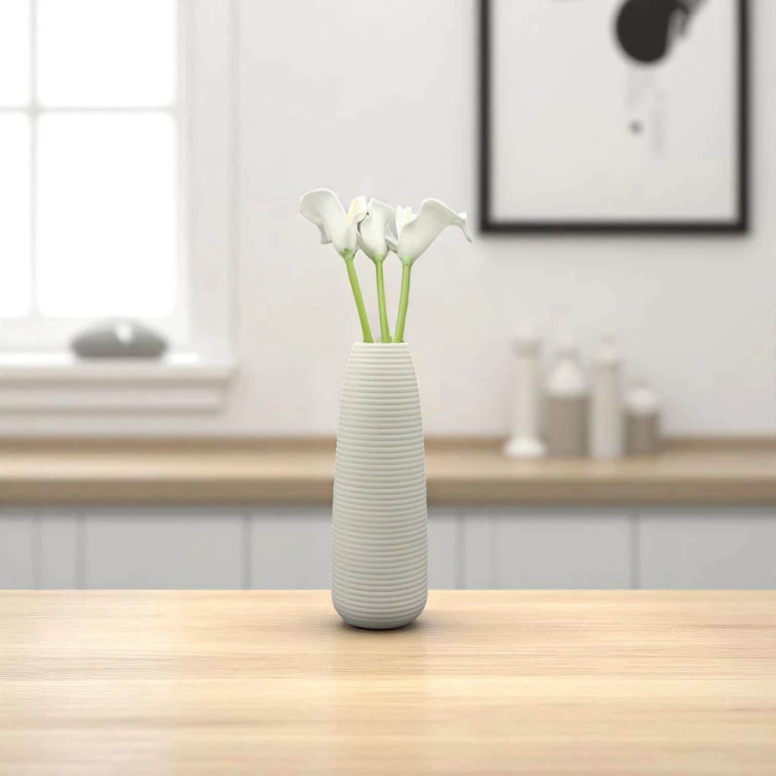 Damoo Modern White Ribbed Ceramic Vase – Minimalist Handmade Flower Holder for Home Décor, Table Centerpiece, or Office Styling - Damoo