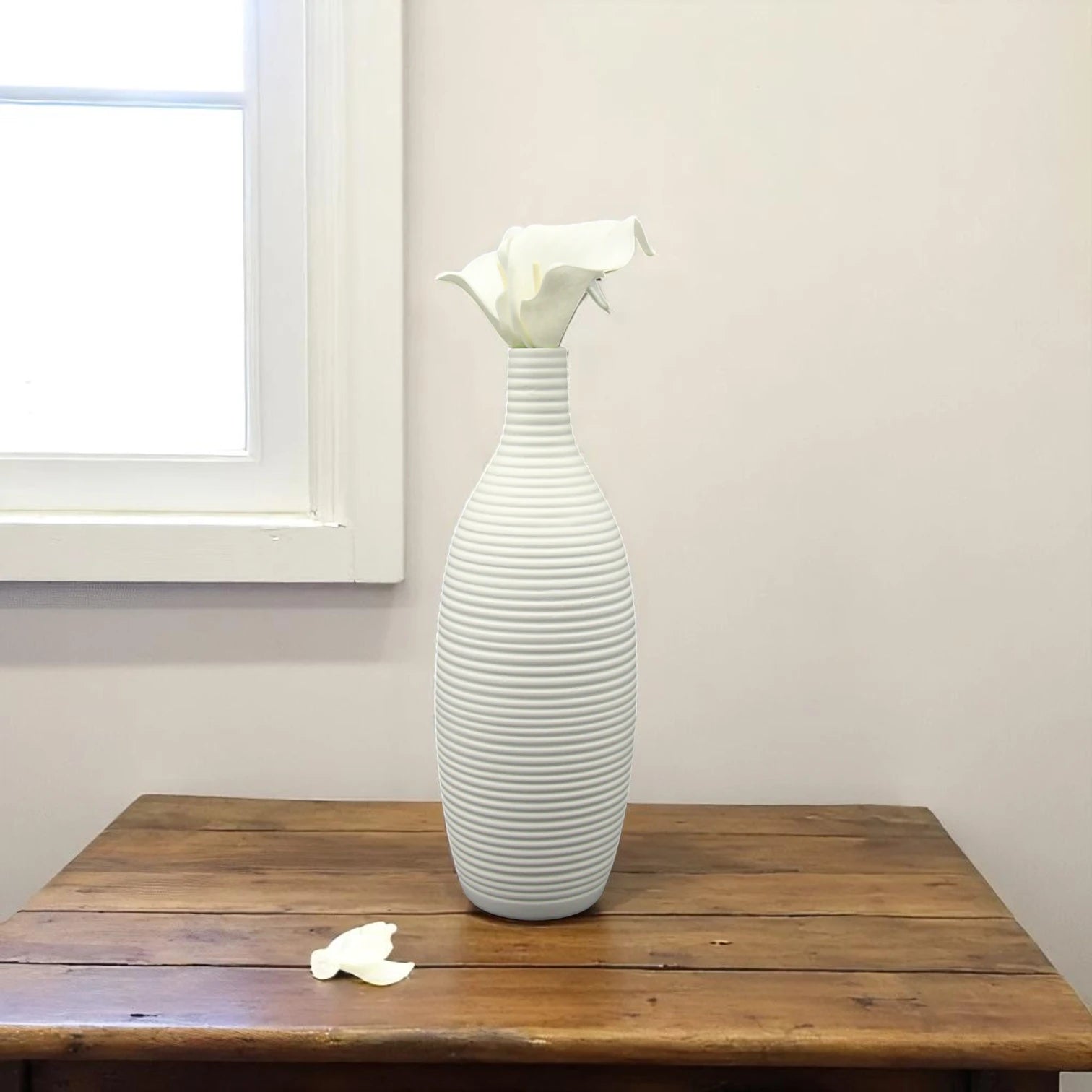 Damoo Modern White Ribbed Ceramic Vase – Minimalist Home Decor Accent for Living Room, Office & Events | Matte Finish | Tall Bottle Shape - Damoo