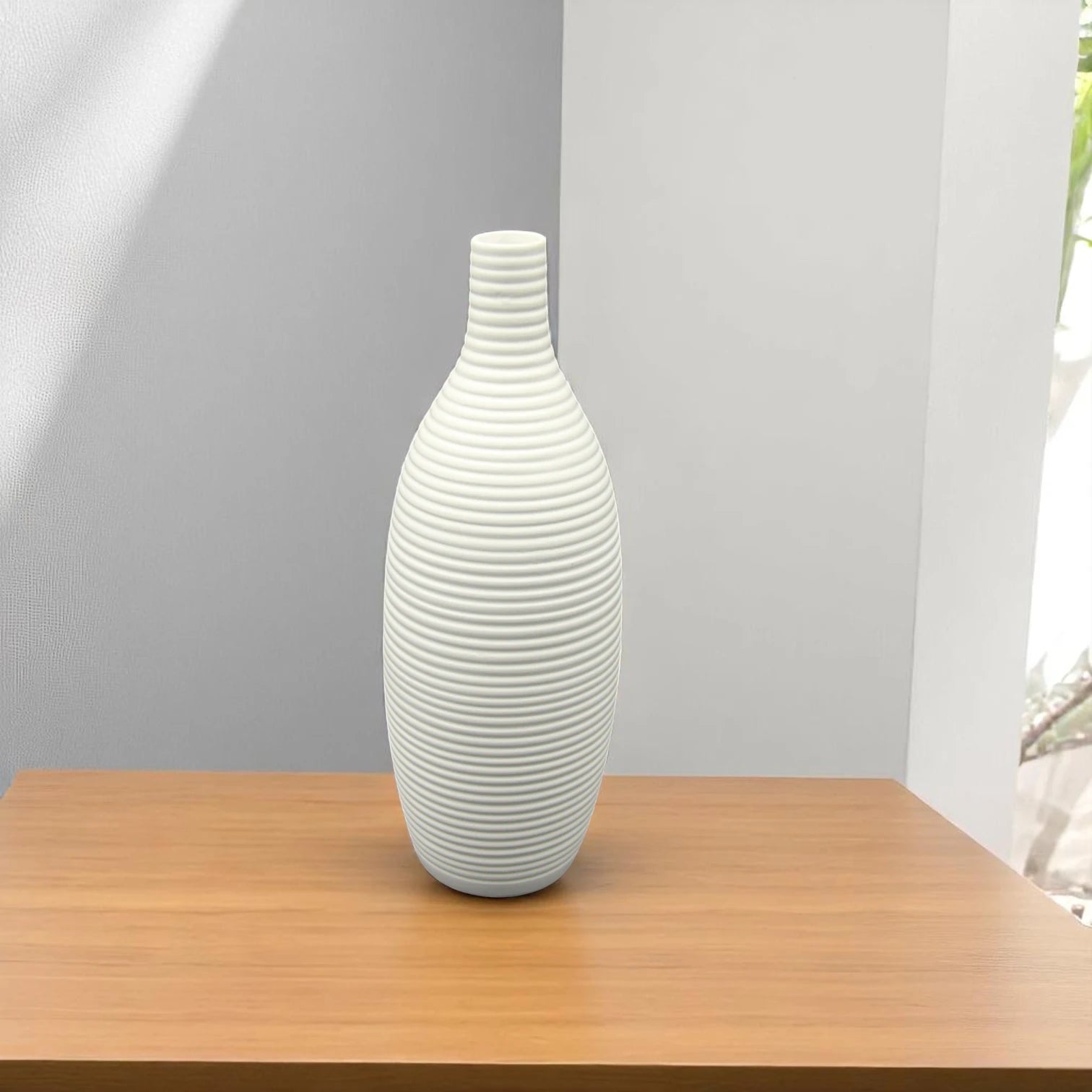 Damoo Modern White Ribbed Ceramic Vase – Minimalist Home Decor Accent for Living Room, Office & Events | Matte Finish | Tall Bottle Shape - Damoo
