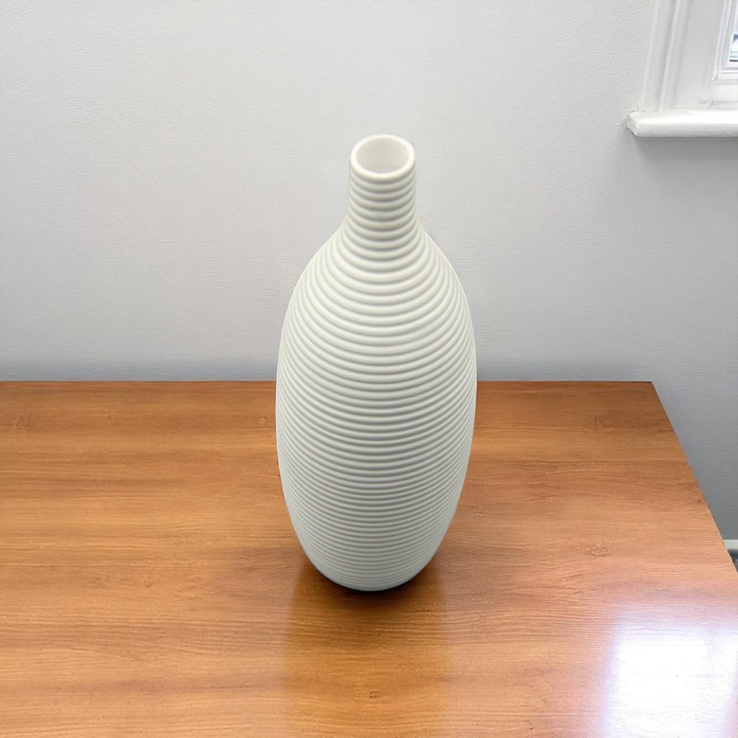 Damoo Modern White Ribbed Ceramic Vase – Minimalist Home Decor Accent for Living Room, Office & Events | Matte Finish | Tall Bottle Shape - Damoo