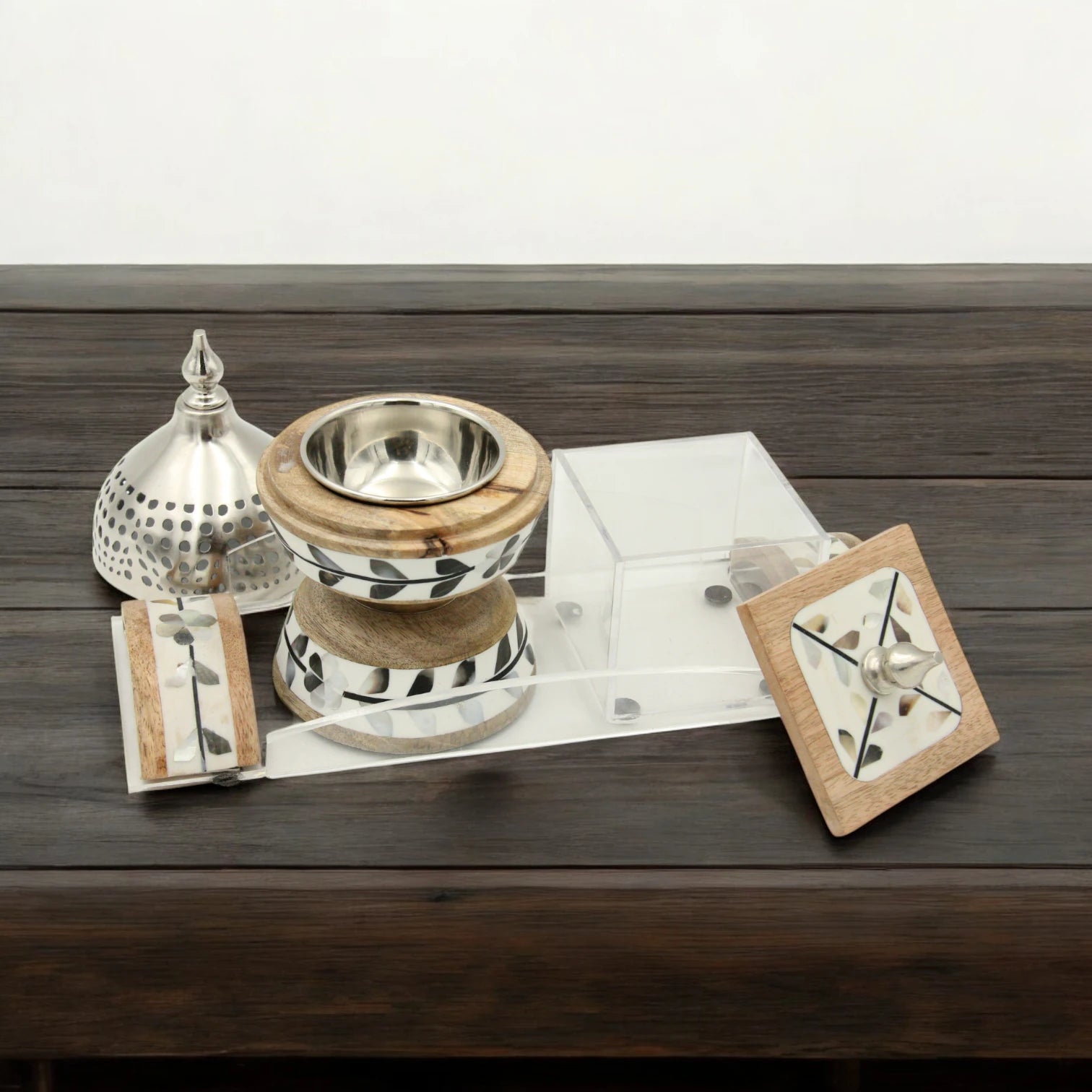 Damoo Premium Bakhour Burner Gift Set – Oud Burner & Storage Box on Decorative Wooden Acrylic Tray – Handmade Arabic Incense Set with Inlay Detailing - Damoo