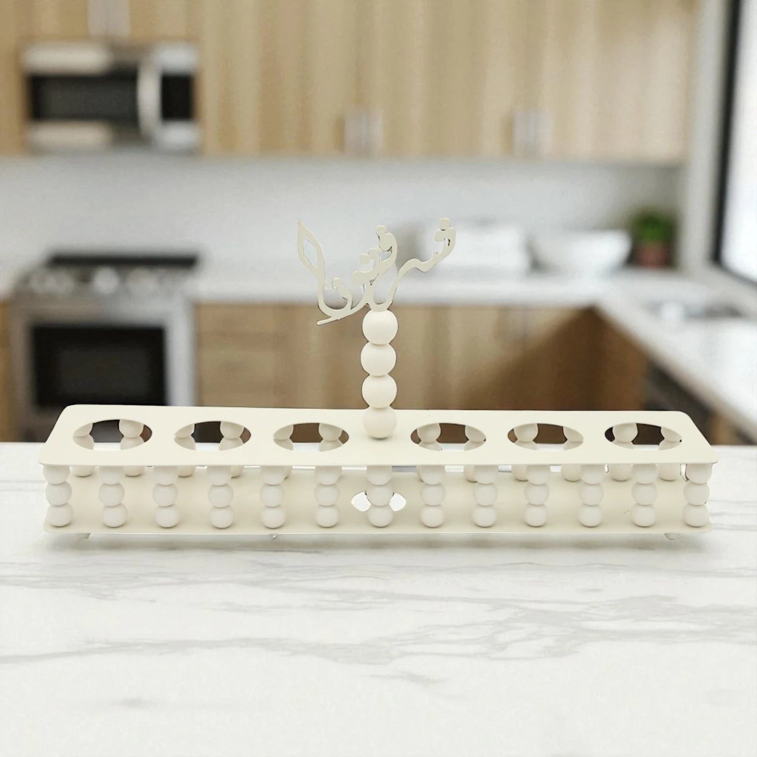 Damoo Rectangular Wooden Cup Holder Tray with Arabic Calligraphy – 6-Slot White Serving Stand for Coffee, Juice & Dessert Presentation - Damoo