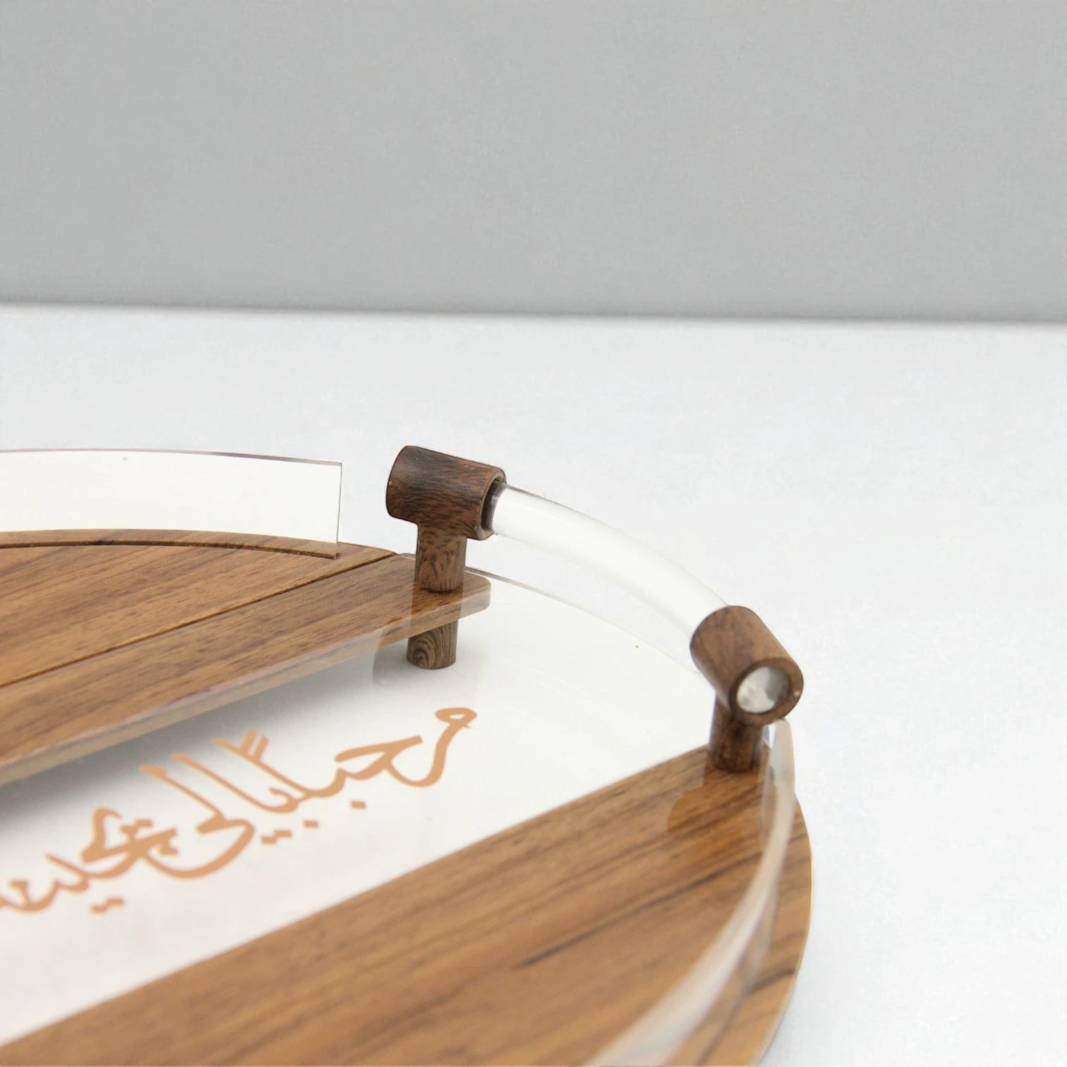 Damoo Round Acrylic & Wooden Serving Tray with Arabic Calligraphy – Elegant Decorative Hospitality Tray with Clear Handle – Ramadan, Eid & Home Décor Gift Idea - Damoo