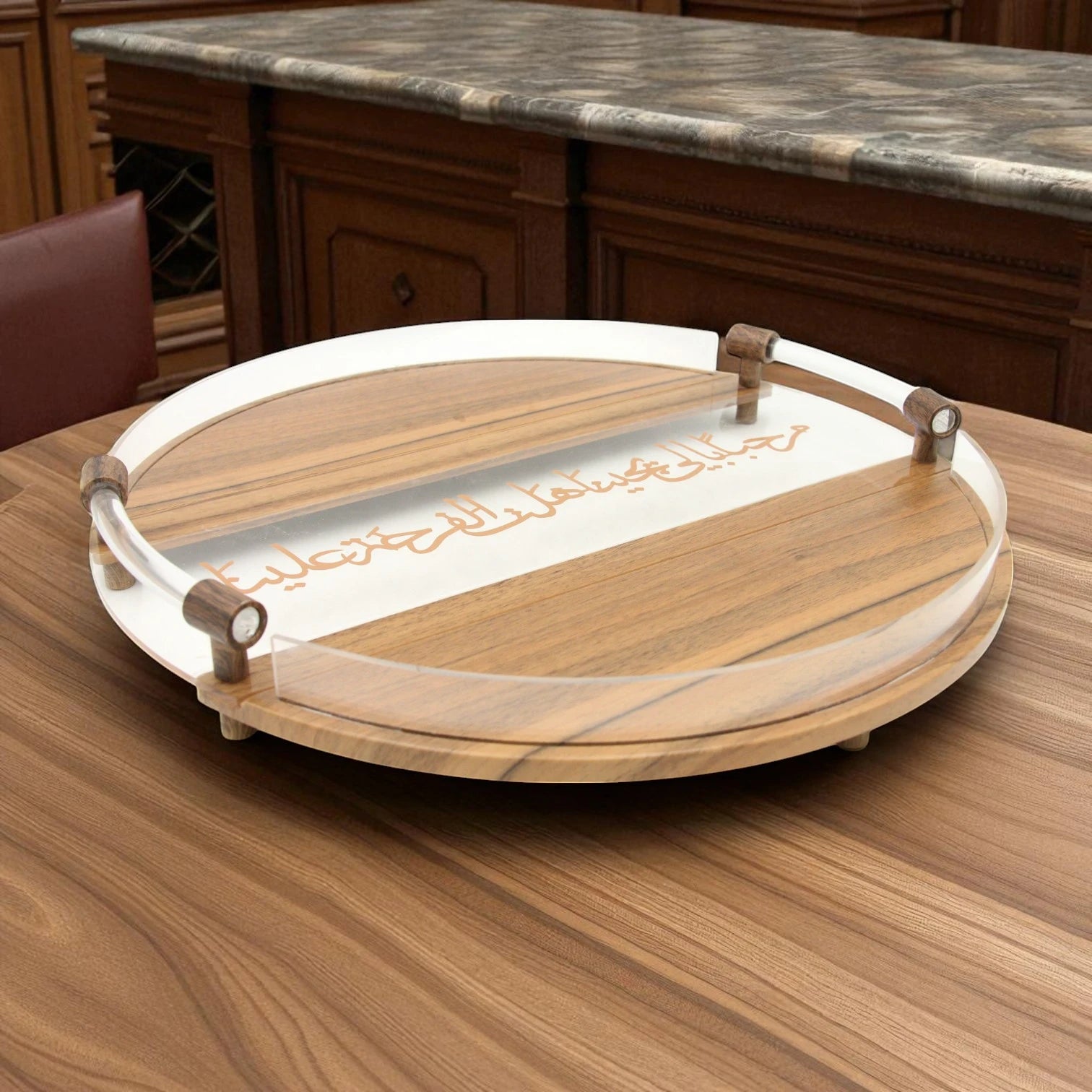 Damoo Round Acrylic & Wooden Serving Tray with Arabic Calligraphy – Elegant Decorative Hospitality Tray with Clear Handle – Ramadan, Eid & Home Décor Gift Idea - Damoo