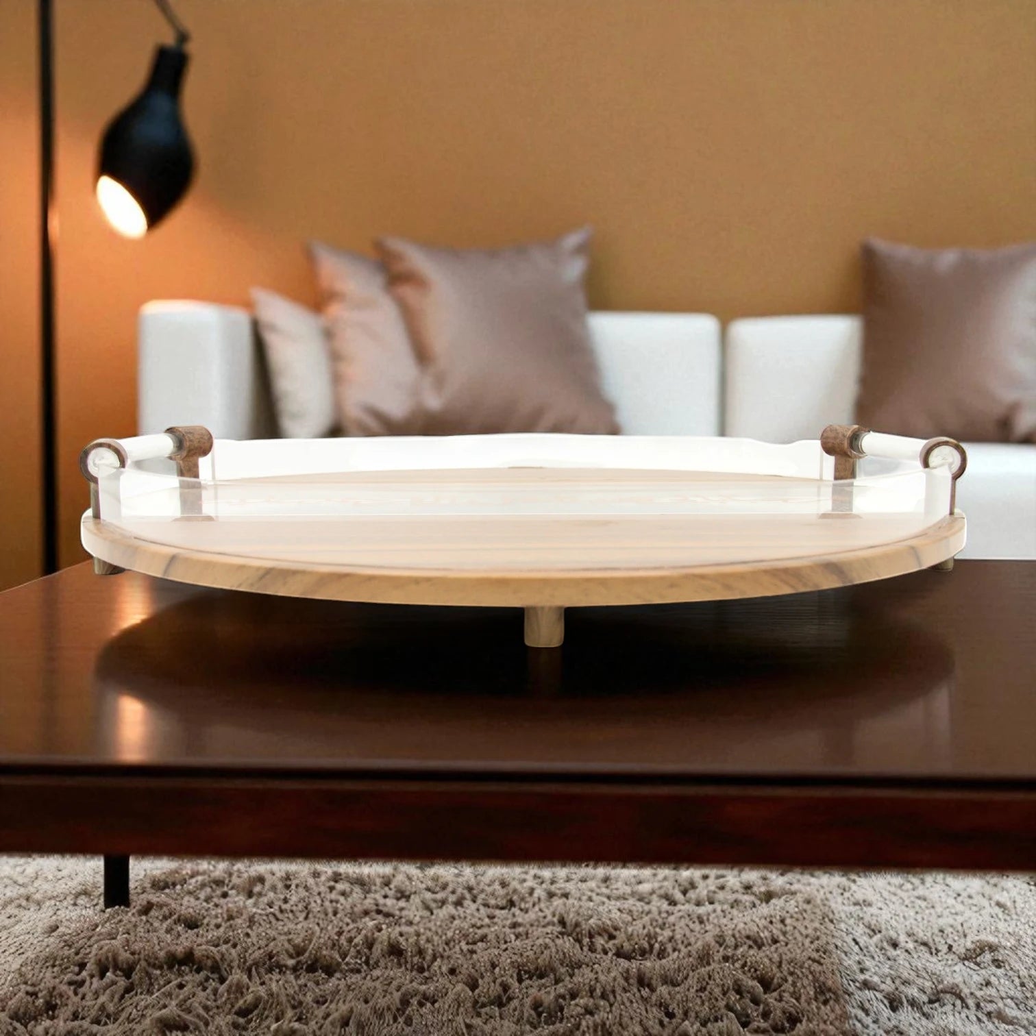 Damoo Round Acrylic & Wooden Serving Tray with Arabic Calligraphy – Elegant Decorative Hospitality Tray with Clear Handle – Ramadan, Eid & Home Décor Gift Idea - Damoo