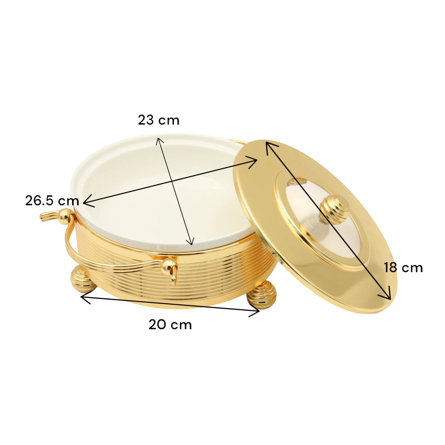 Damoo Round Ceramic Serving Dish with Gold Metal Stand & Lid – Elegant Oven-to-Table Cookware for Buffet, Parties, and Ramadan Gatherings - Damoo