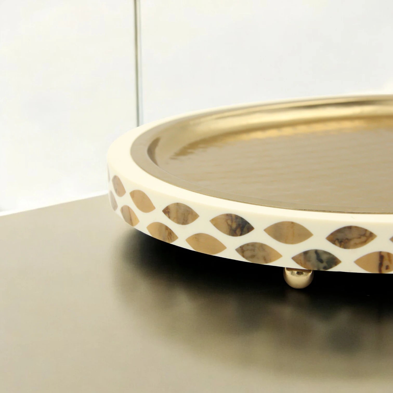 Damoo Round Oval Tray with Gold-Plated Top & Mosaic Shell Inlay – Decorative Serving & Vanity Tray with Raised Feet - Damoo