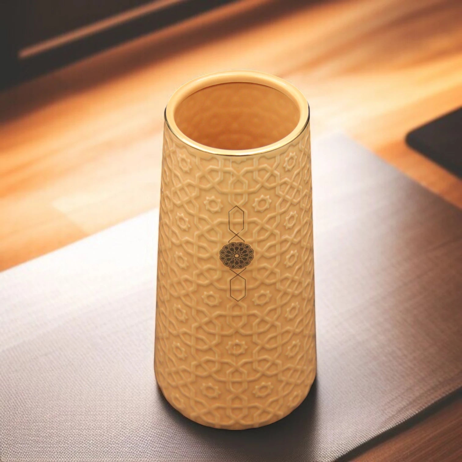 Damoo Rustic Brown Ceramic Flower Vase with Islamic Geometric Pattern – Elegant Home & Office Decor - Damoo