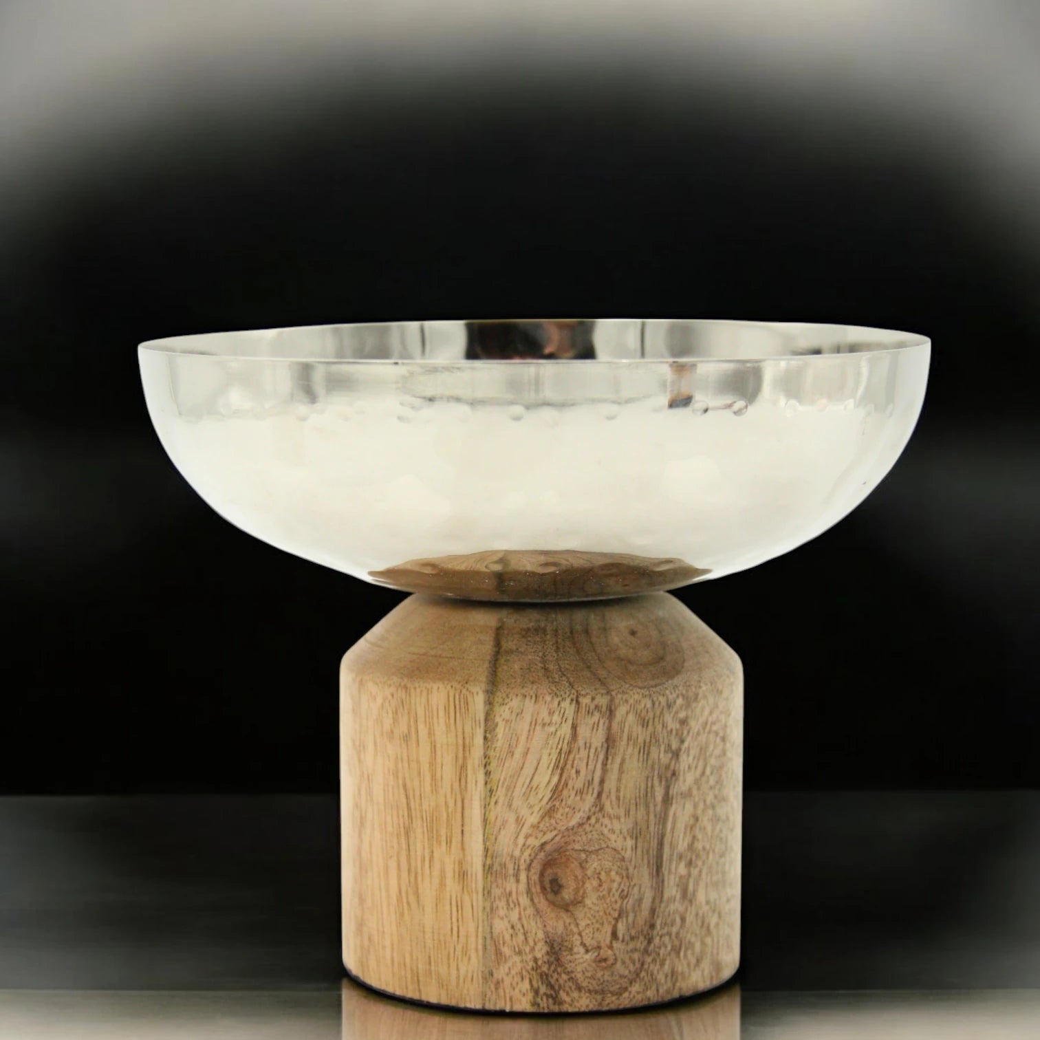 Damoo Small Hammered Metal Serving Bowl with Natural Wood Base – Elegant Decorative Dish for Snacks, Dates & Sweets - Damoo