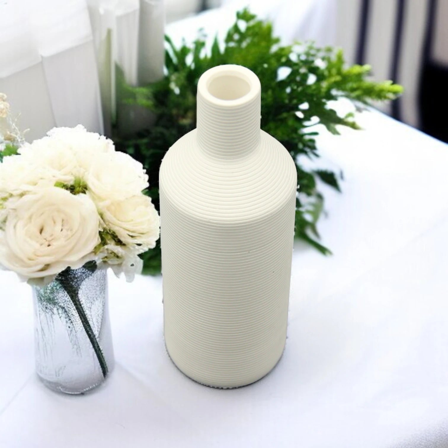 Damoo Tall Ribbed Ceramic Flower Vase – Modern Minimalist White Vase for Tabletop Decor | Elegant Home Accent for Living Room, Office & Bedroom - Damoo