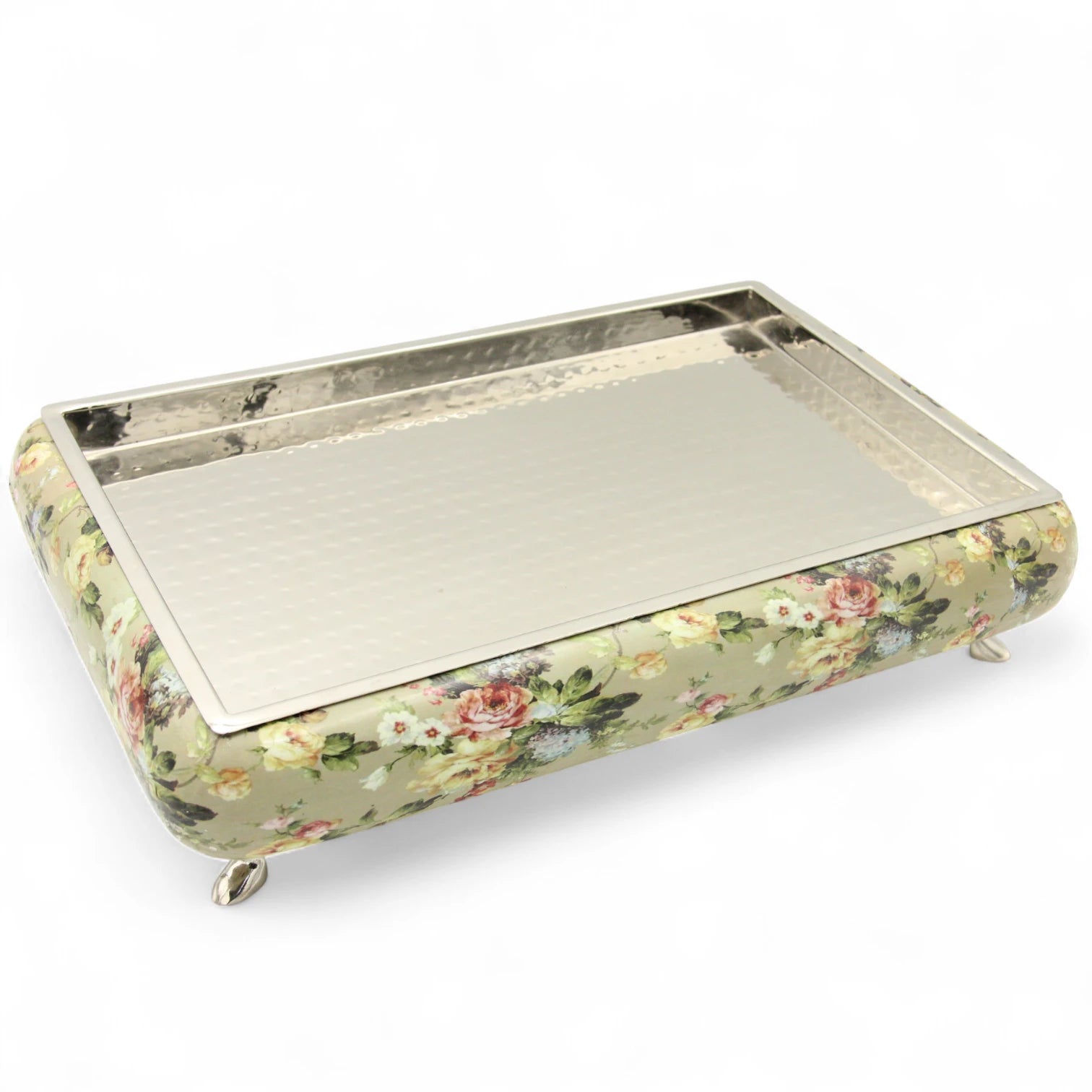 Damoo Vintage Floral Wooden Tray with Metal Top – Decorative Square Serving Tray on Feet – Elegant Coffee or Perfume Display Tray - Damoo