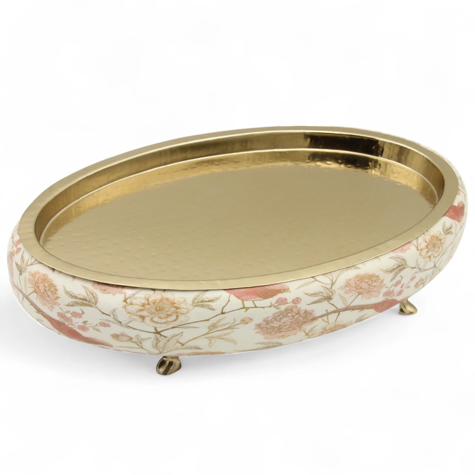 Damoo Vintage-Inspired Wooden Oval Tray with Floral Bird Print and Gold Metal Base – Decorative Display Stand for Tabletops or Events - Damoo