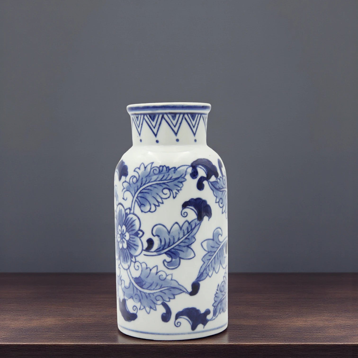 Damoo White Ceramic Flower Vase with Blue Leaf Accents – Elegant Minimalist Vase for Home & Office Décor - Damoo