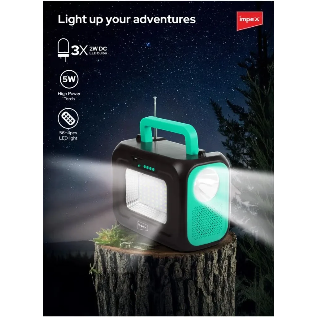 Impex Multifunctional Portable Power Station IP 12001 – 12000mAh Li-Iron Battery with 6V 8W Solar Panel, 5W Torch, FM Radio, Bluetooth Speaker, 3x2W LED Bulbs & Warning Lights – Ideal for Camping, Emergency & Outdoor Use - Damoo