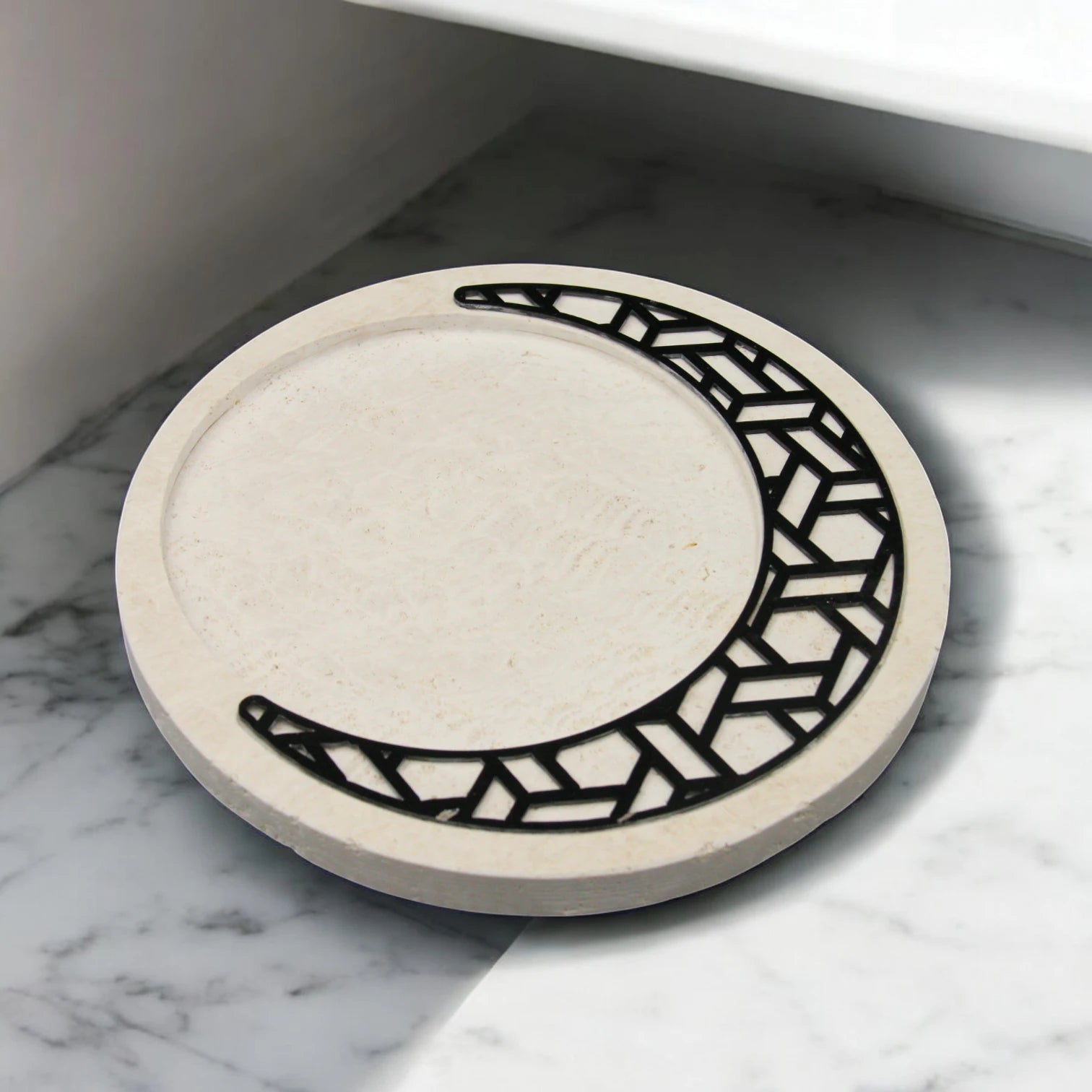 Decorative Crescent Tray Made of Natural Travertine Stone with Black Geometric Inlay – Perfect for Ramadan Display and Elegant Home Decor - Damoo