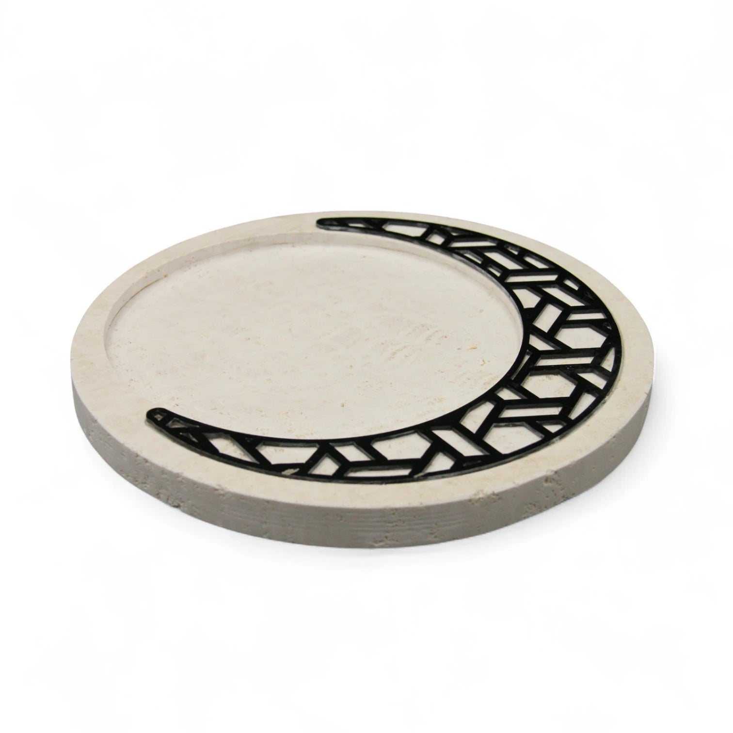 Decorative Crescent Tray Made of Natural Travertine Stone with Black Geometric Inlay – Perfect for Ramadan Display and Elegant Home Decor - Damoo