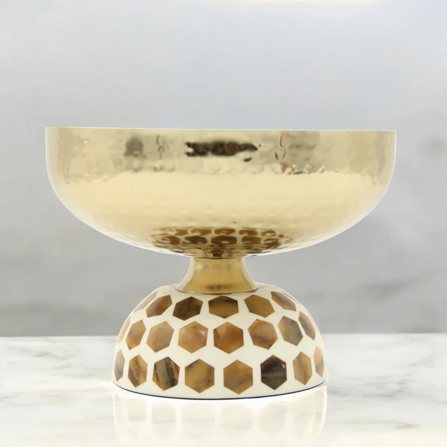 Decorative Hammered Stainless Steel Gold Bowl with Geometric Honeycomb Base – Luxe Metal Centerpiece for Modern Home Decor - Damoo