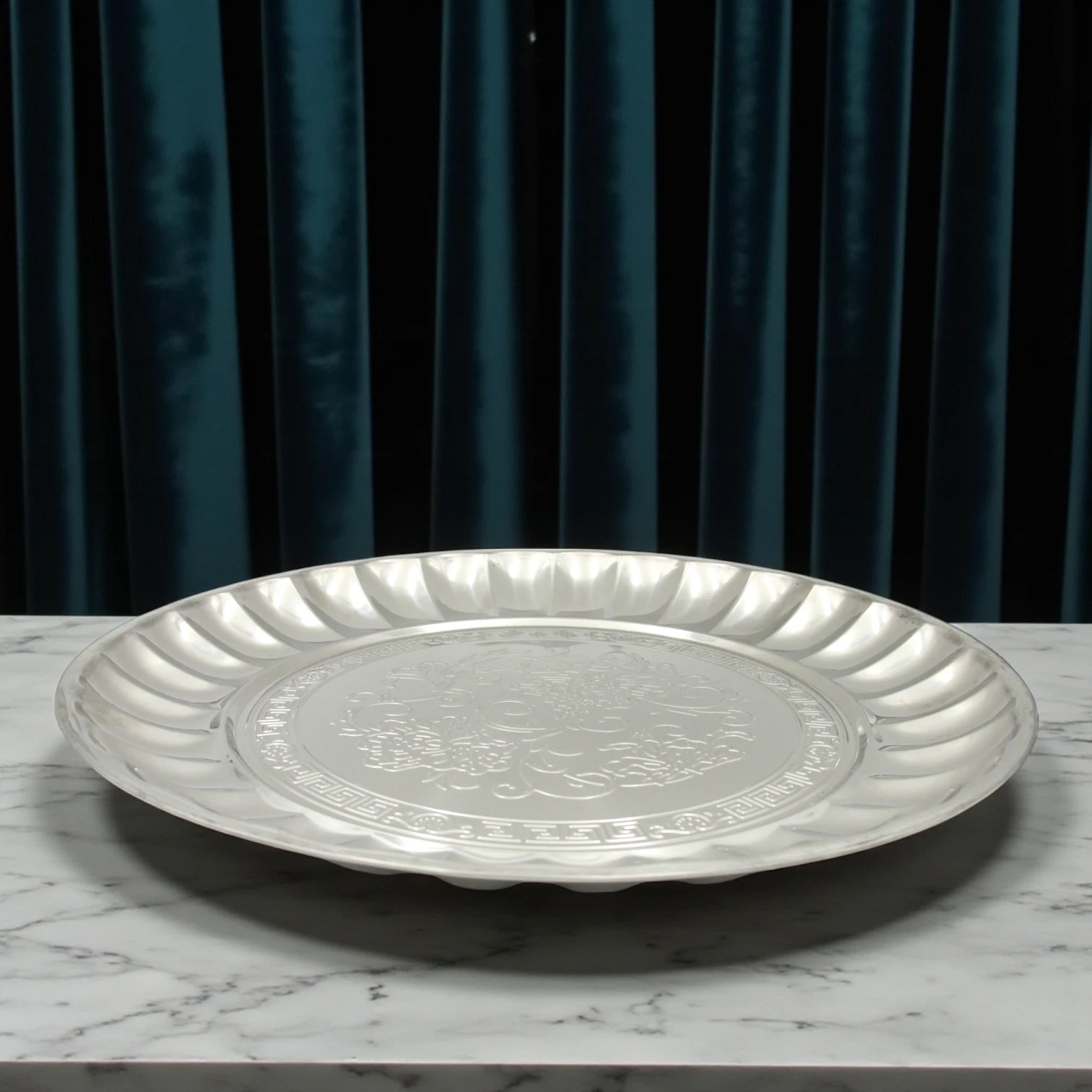 Decorative Stainless Steel Serving Plate – Round Embossed Tray with Floral Pattern – Durable & Rust-Resistant – Ideal for Sweets, Fruits & Events - Damoo